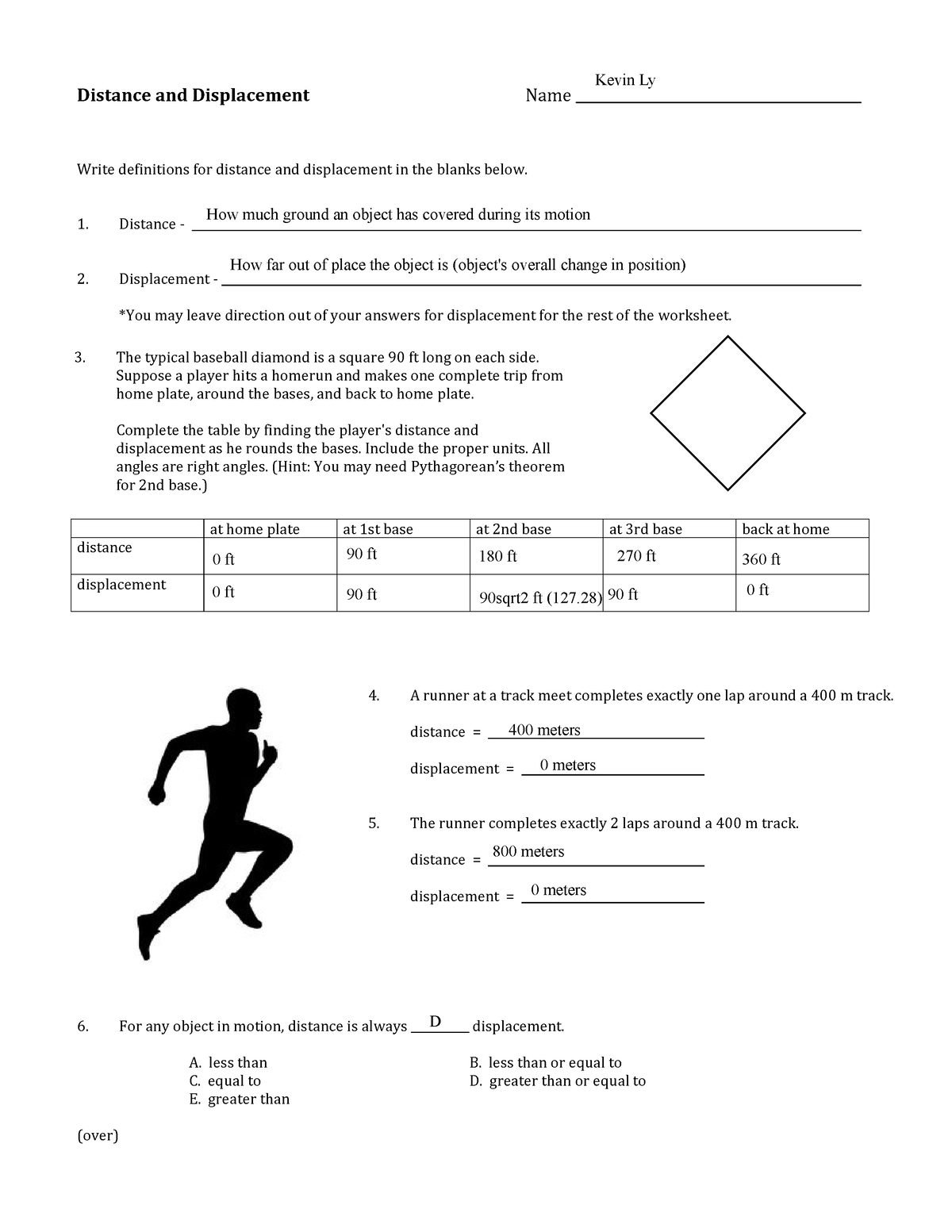 Physics Distance And Displacement Worksheet Distance And Displacement Name Write Definitions 
