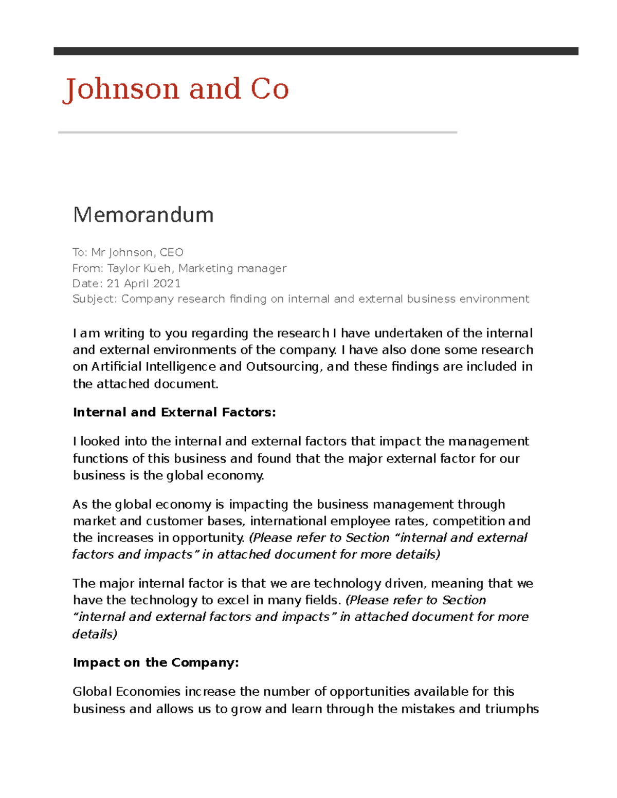 Business MEMO Johnson and Co Memorandum To Mr Johnson, CEO From