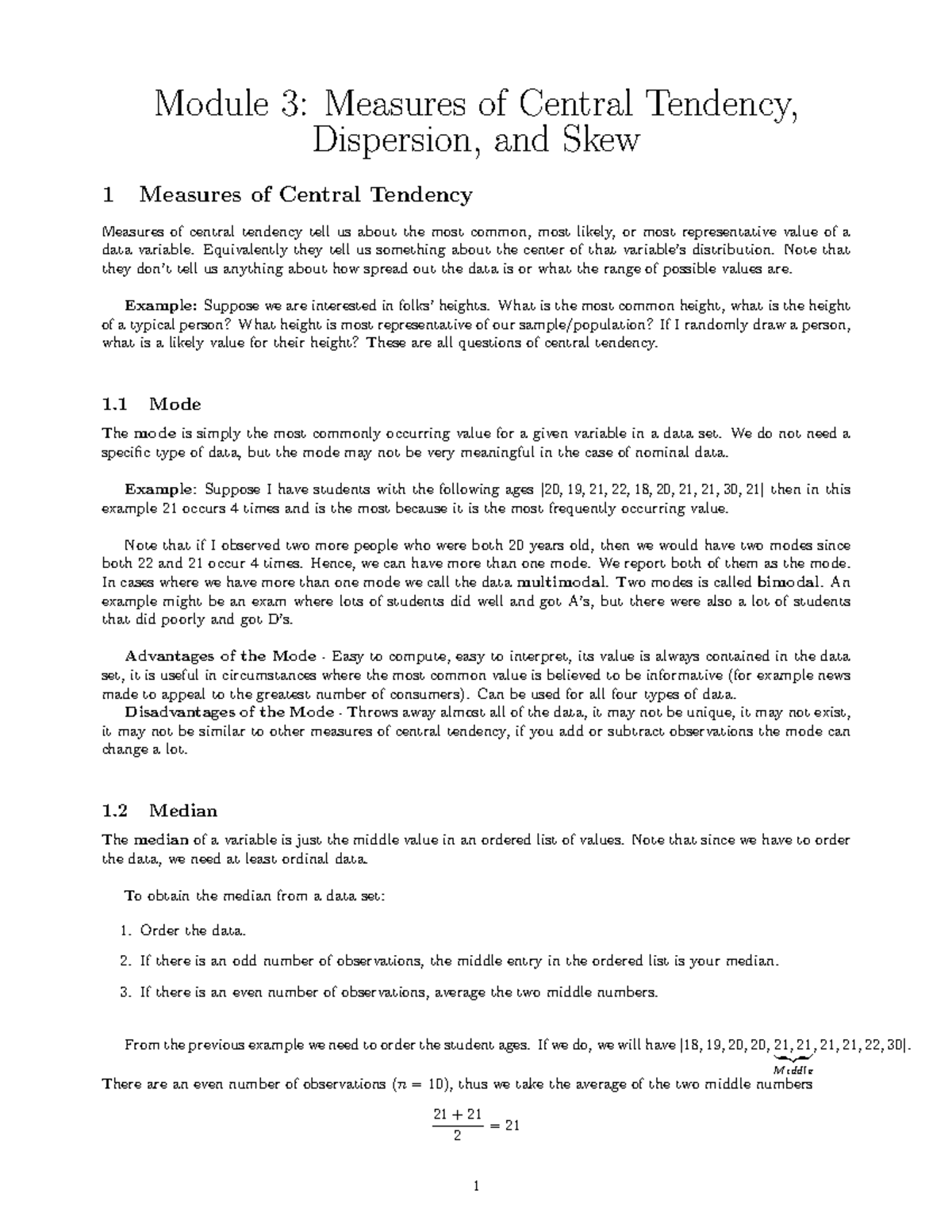 Module 3 Notes - Module 3: Measures of Central Tendency, Dispersion ...