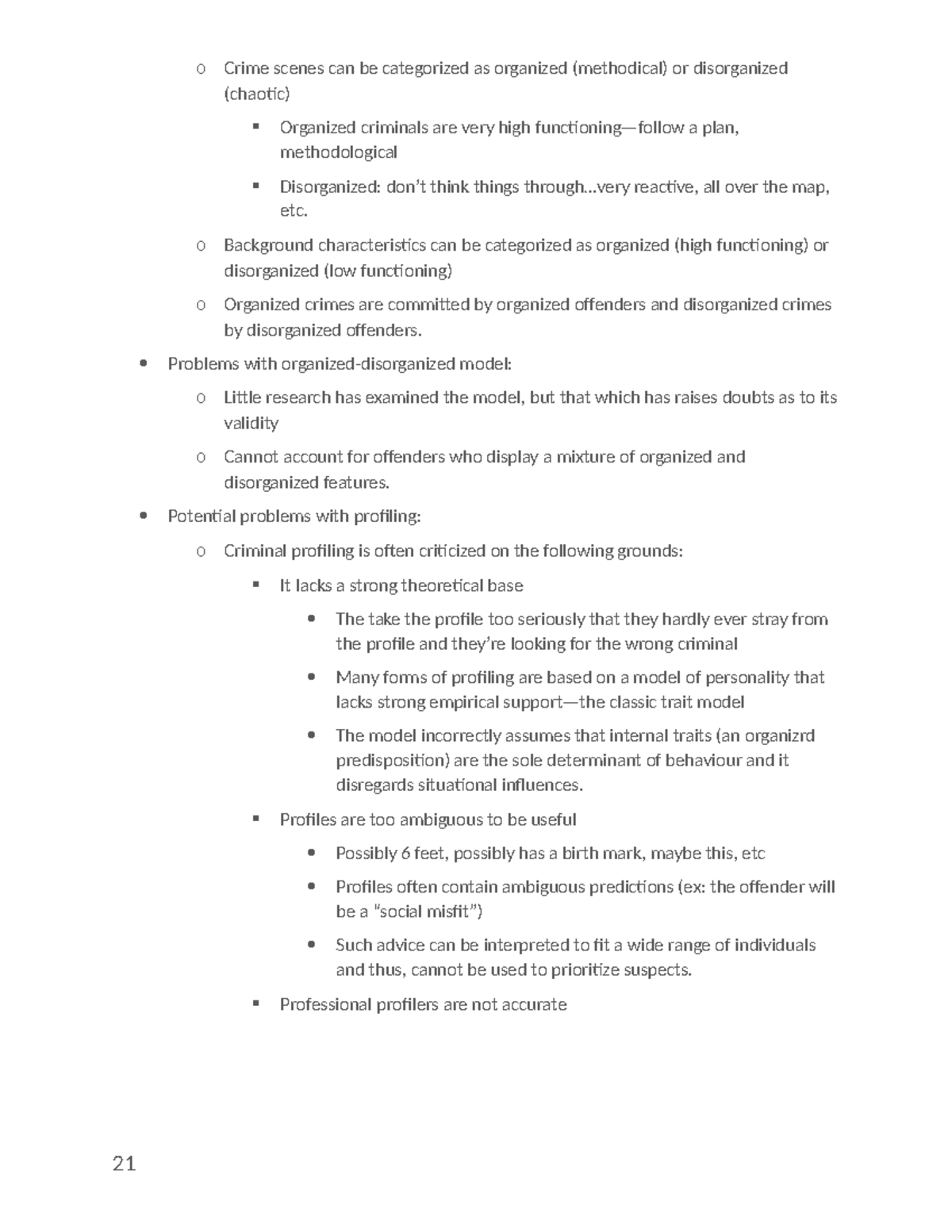 PSY 3173 course notes - o Crime scenes can be categorized as organized ...