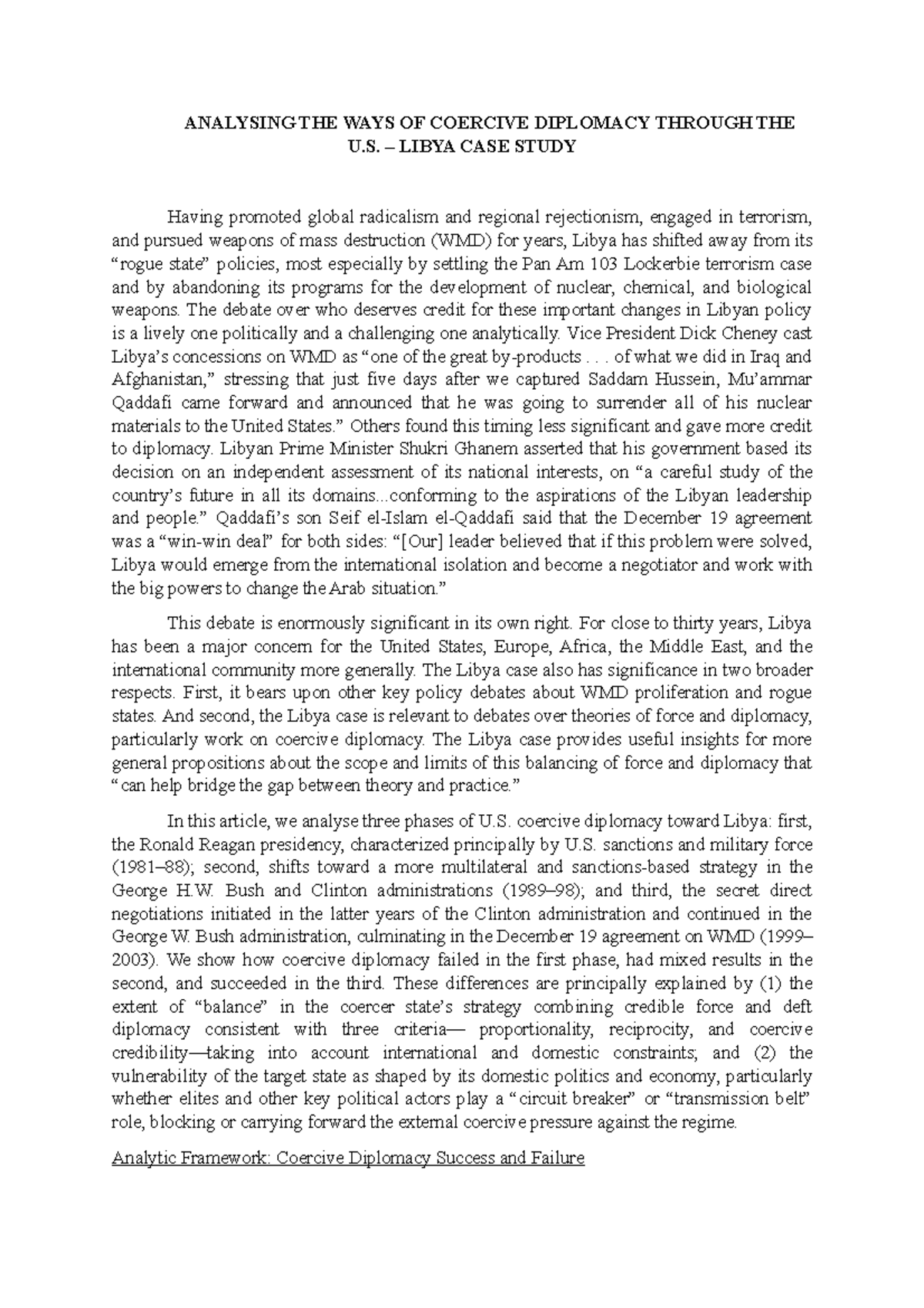 Coercive diplomacy ANALYSING THE WAYS OF COERCIVE DIPLOMACY THROUGH