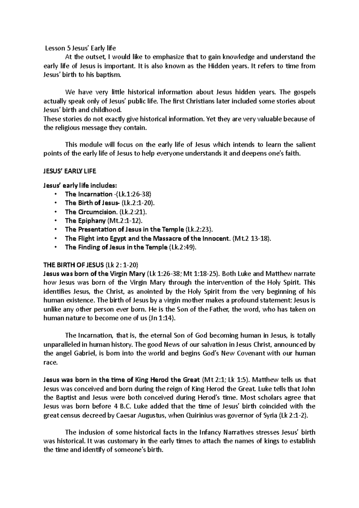 Lesson-5-Jesus-Early-life - Lesson 5 Jesus’ Early life At the outset, I ...