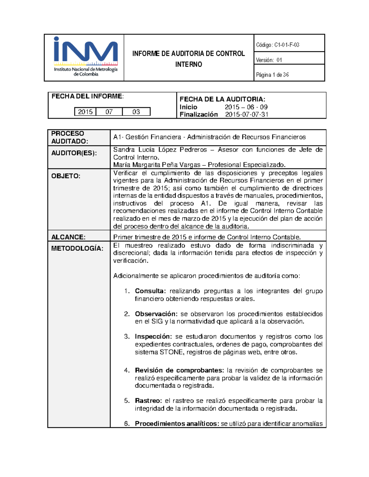 Informe DE Auditoria DE Control Interno - INFORME DE AUDITORIA DE ...