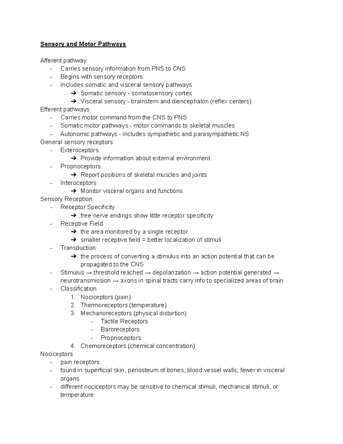 Sensory and Motor Pathways Sensory and Motor Pathways Afferent