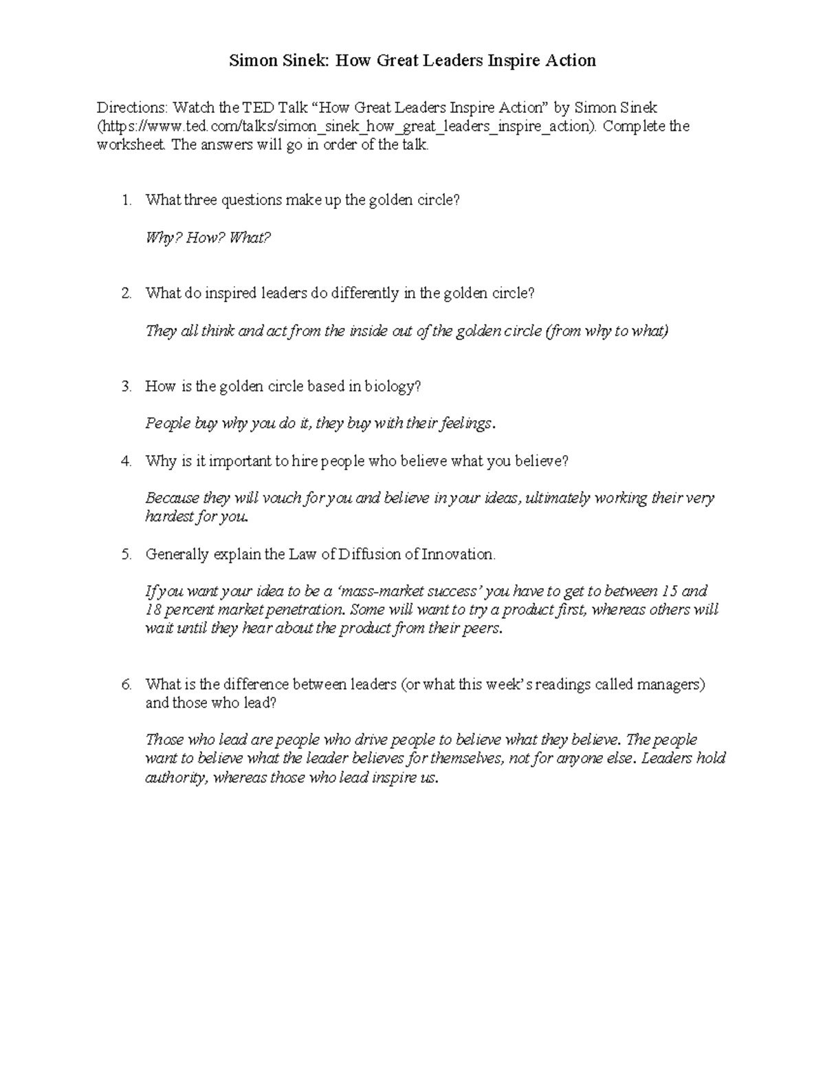 TED Talk - Simon Sinek Worksheet - Simon Sinek: How Great Leaders ...