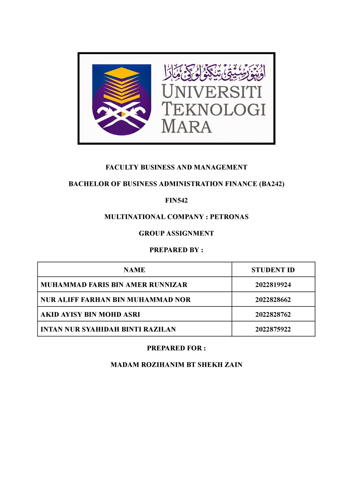 fin542 group assignment mnc