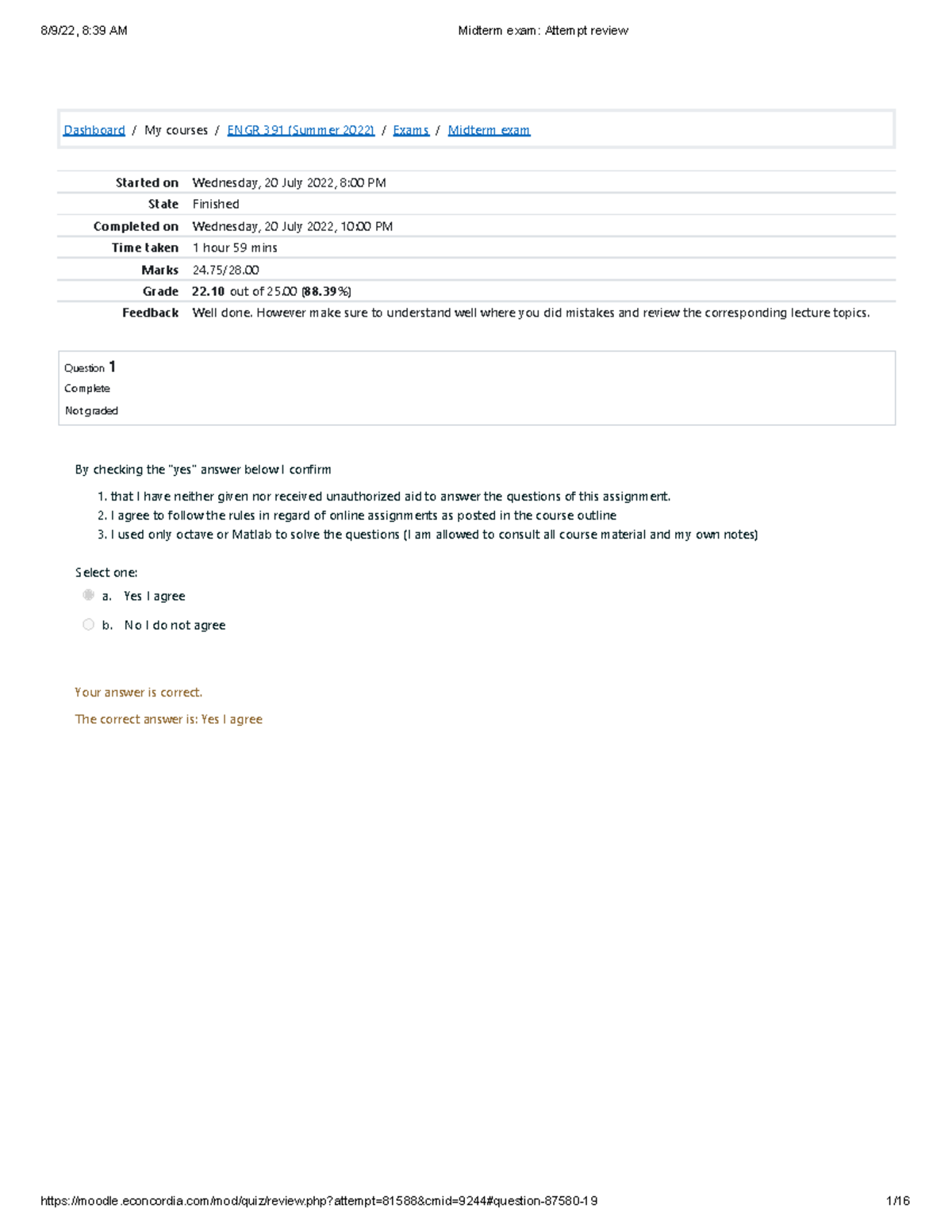 Midterm Exam Attempt Review - Dashboard/My Courses/ENGR 391 (Summer ...