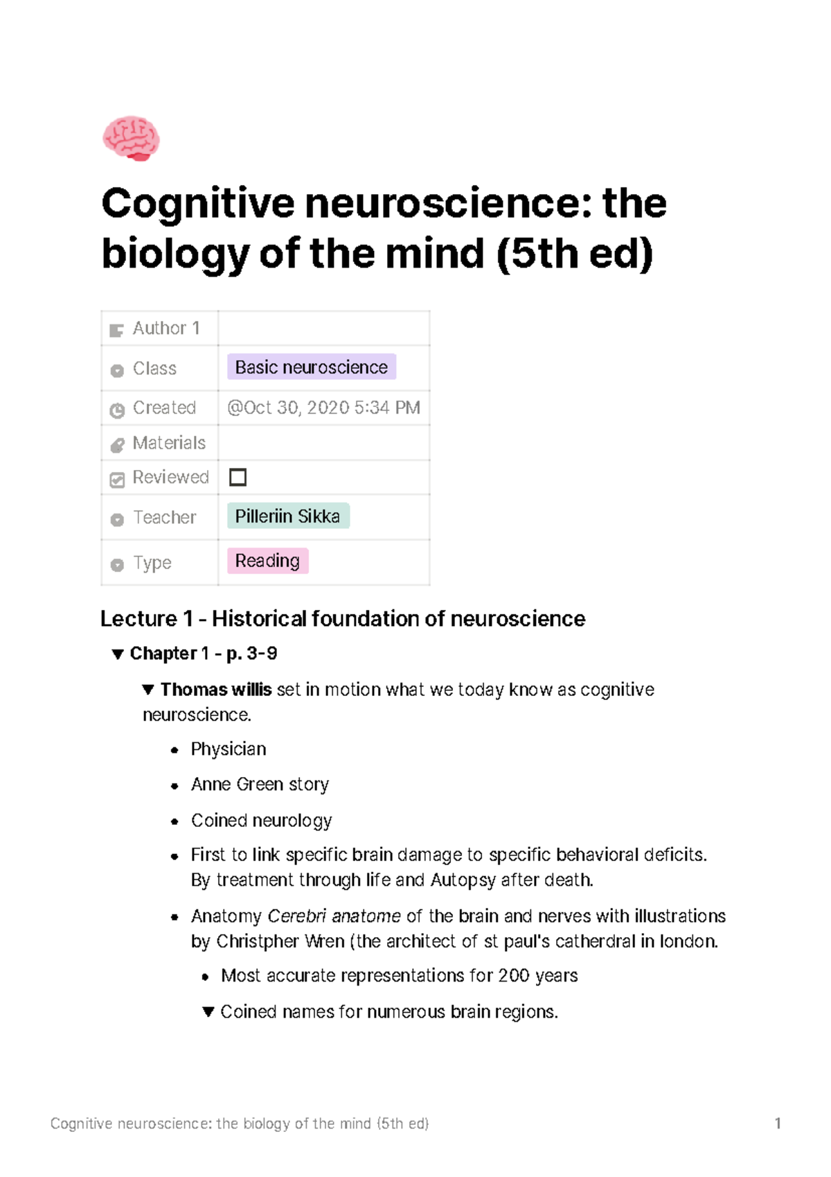 Lecture Note + Cognitive Neuroscience The Biology Of The Mind (5th Ed ...