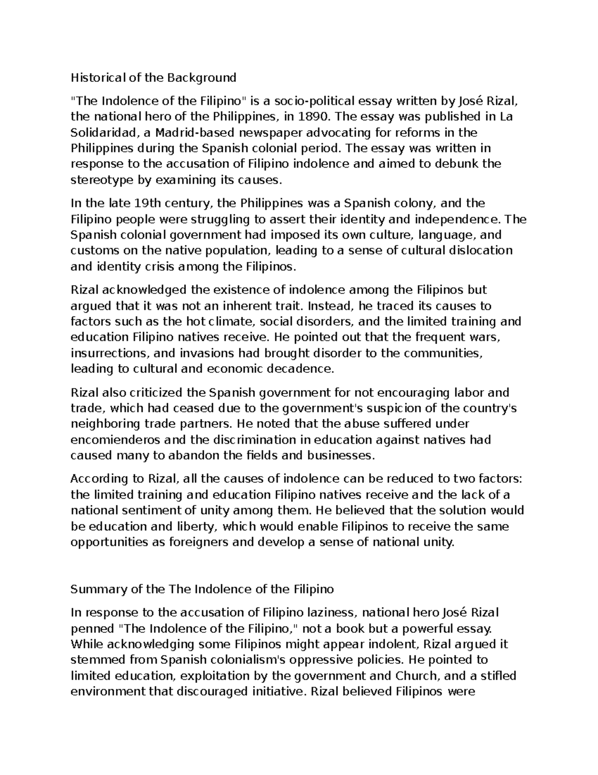 Indolence of the filipino Historical of the Background "The Indolence