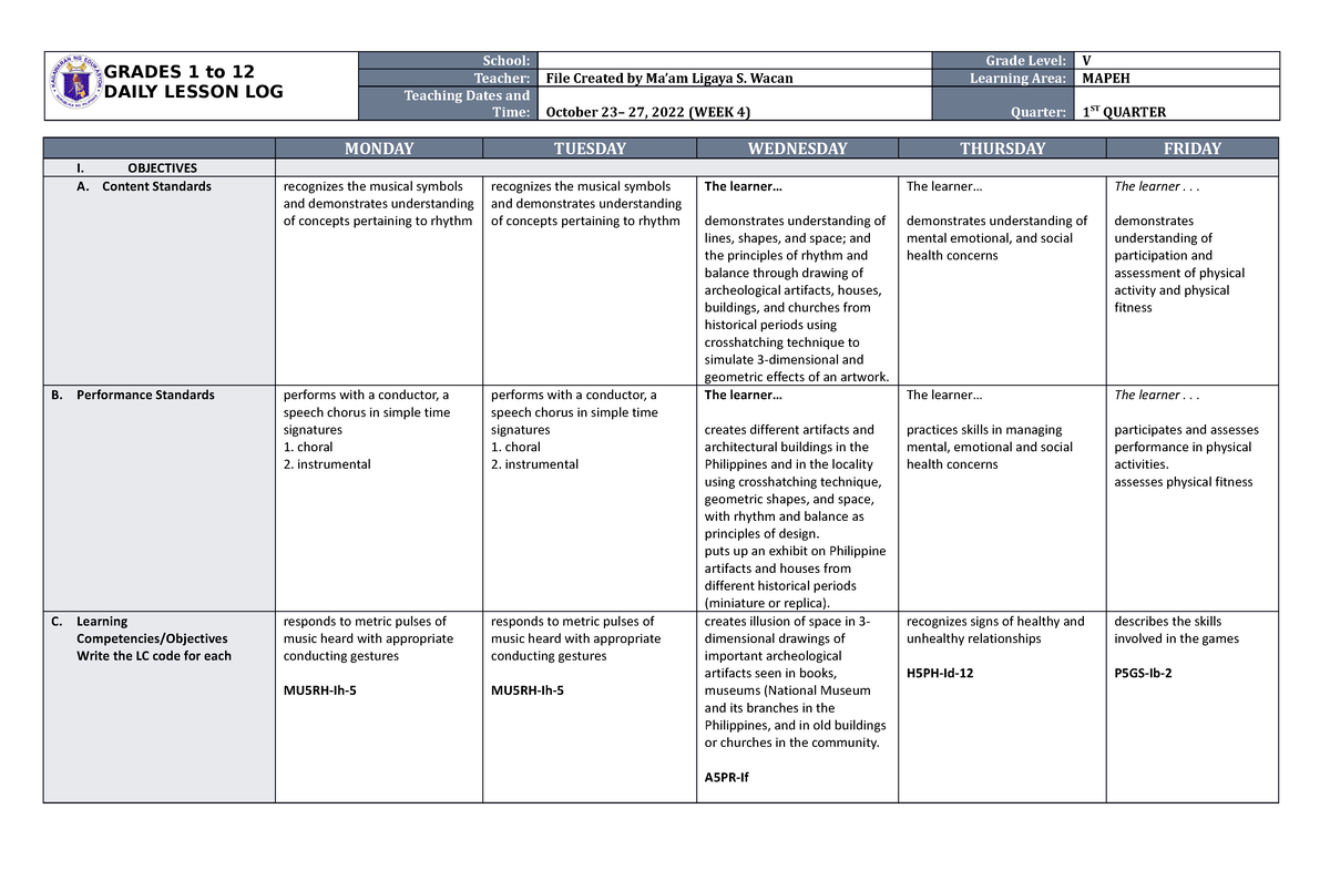 DLL Mapeh 5 Q1 W4 - GRADES 1 to 12 DAILY LESSON LOG School: Grade Level ...