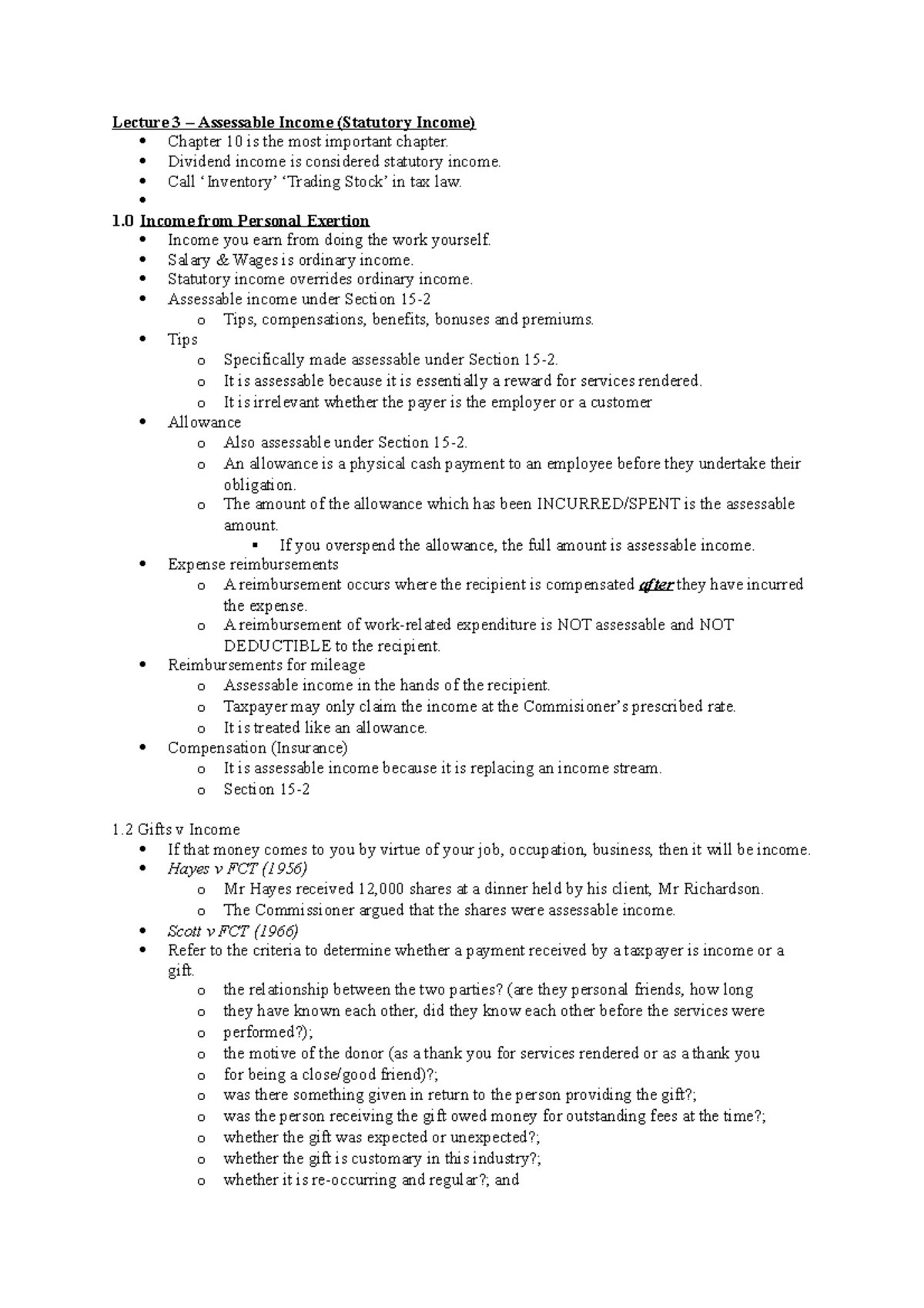 Lecture 3 Personal Notes - Lecture 3 – Assessable Income (Statutory ...