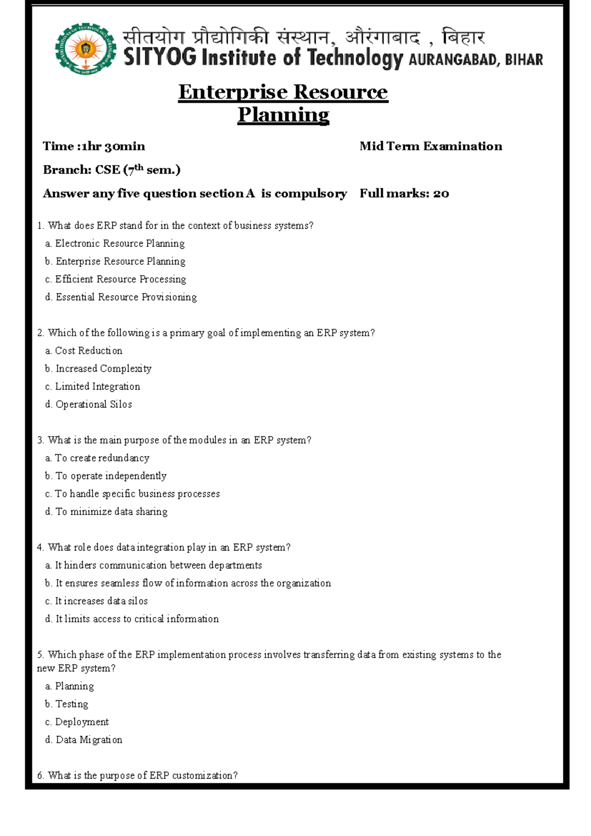 7th semester erp questions - Enterprise Resource Planning Time :1hr ...