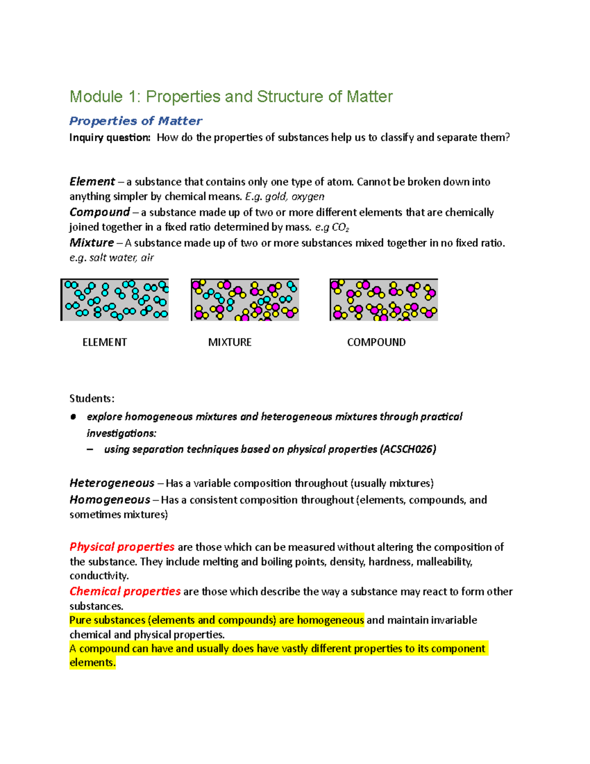 Module 1 Notes - Module 1: Properties And Structure Of Matter ...