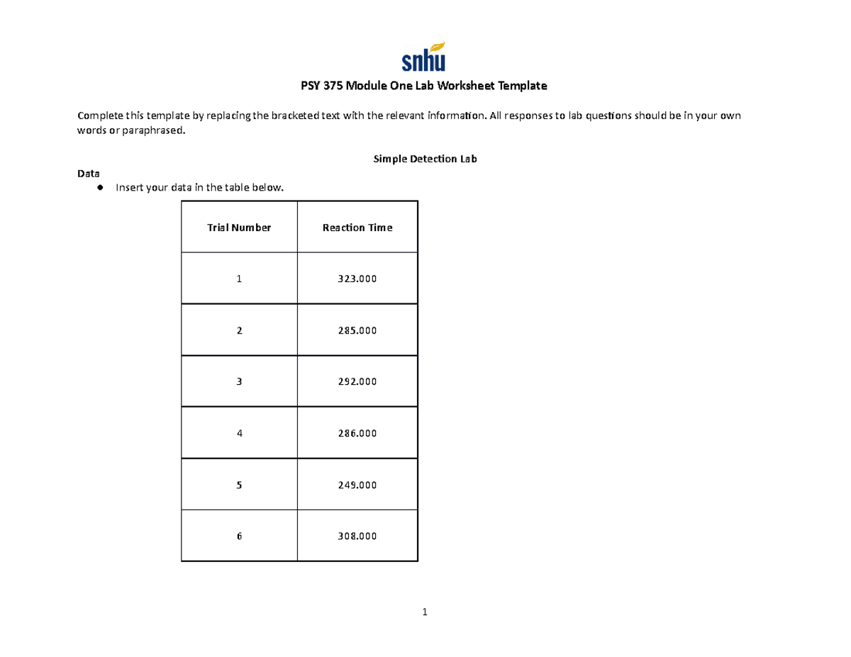 PSY 375 Module One Lab Worksheet Template - PSY 375 Module One Lab ...