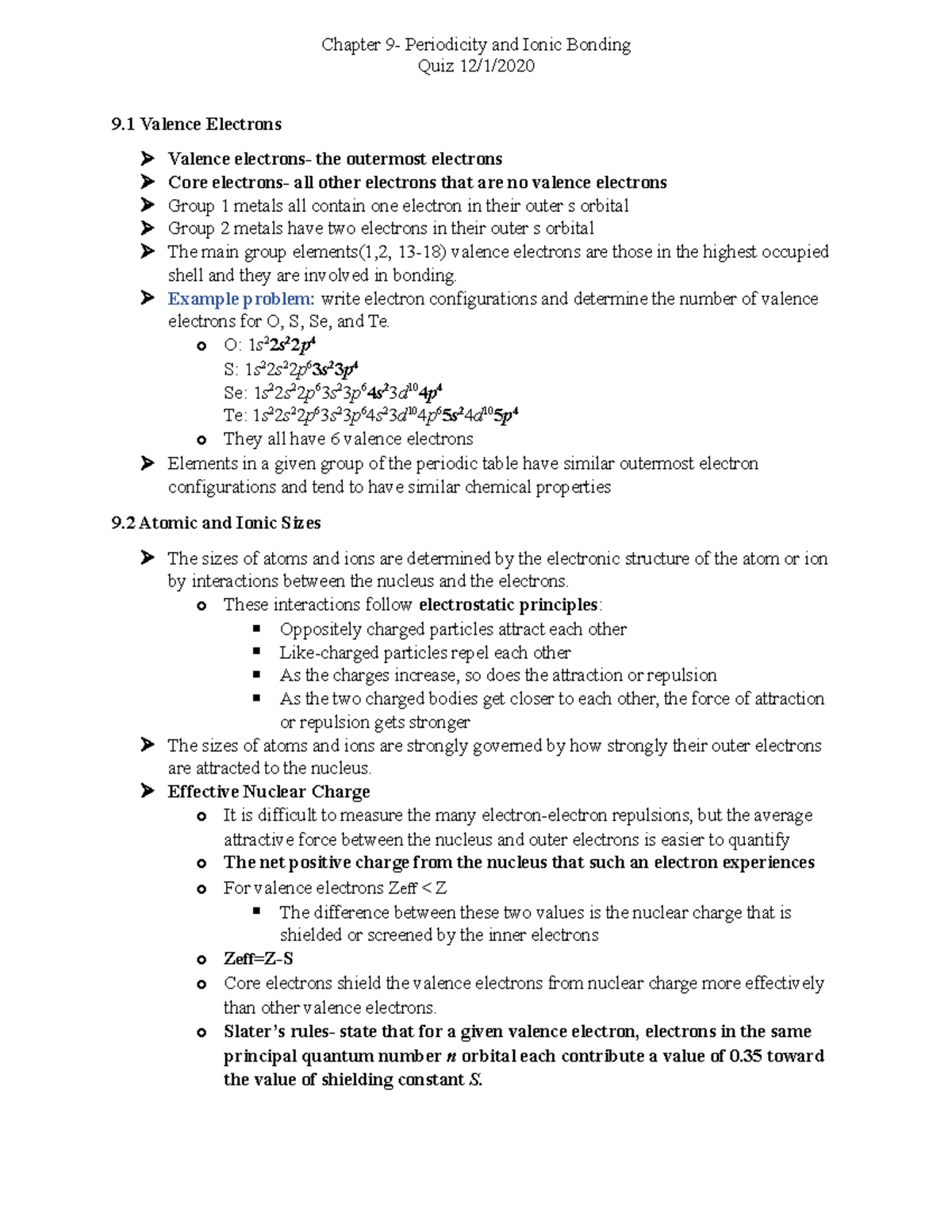 Chapter 9 textbook notes - Quiz 12/1/ 9 Valence Electrons Valence ...