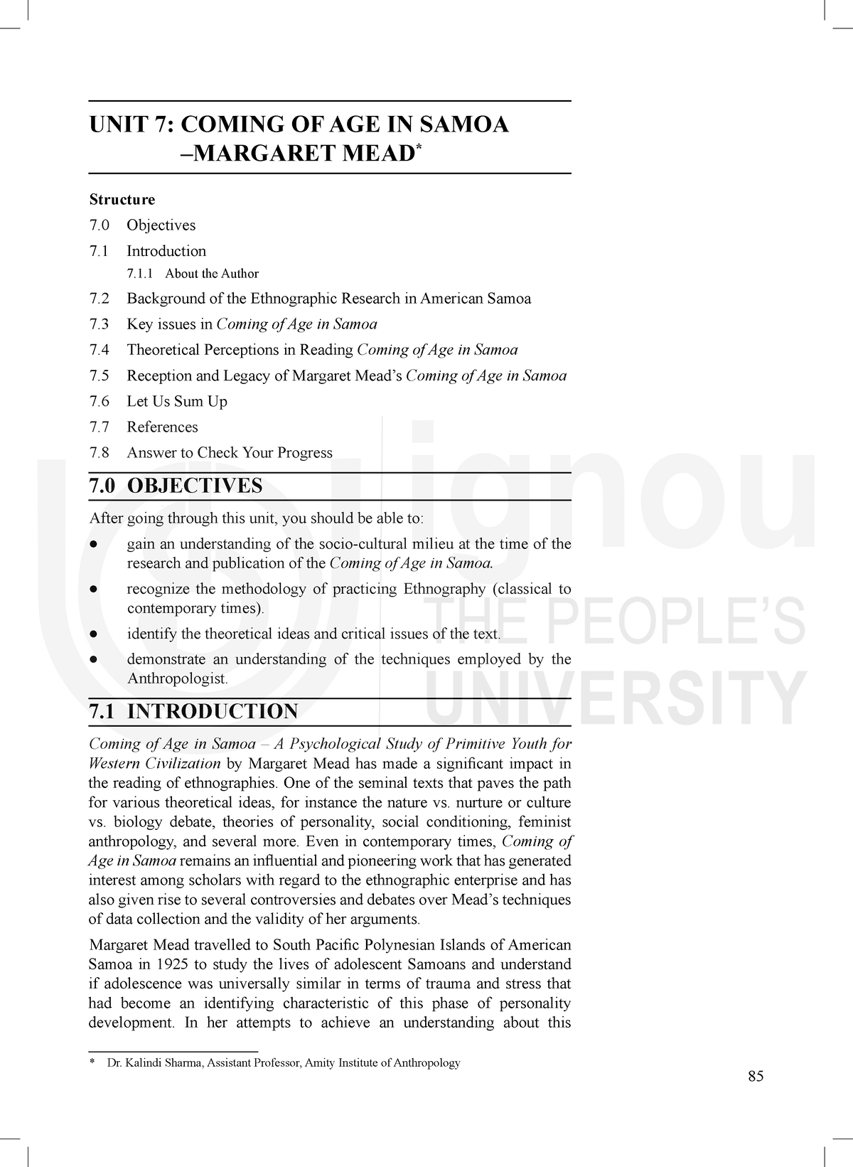 Unit-7 - UNIT 7: COMING OF AGE IN SAMOA –MARGARET MEAD Structure 7 ...