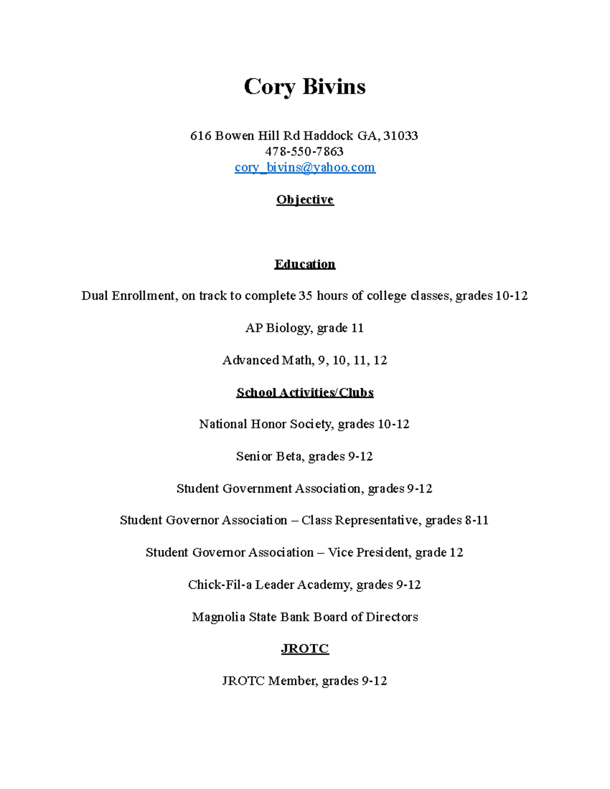 Resume work Cory Bivins 616 Bowen Hill Rd Haddock GA, 31033 478550