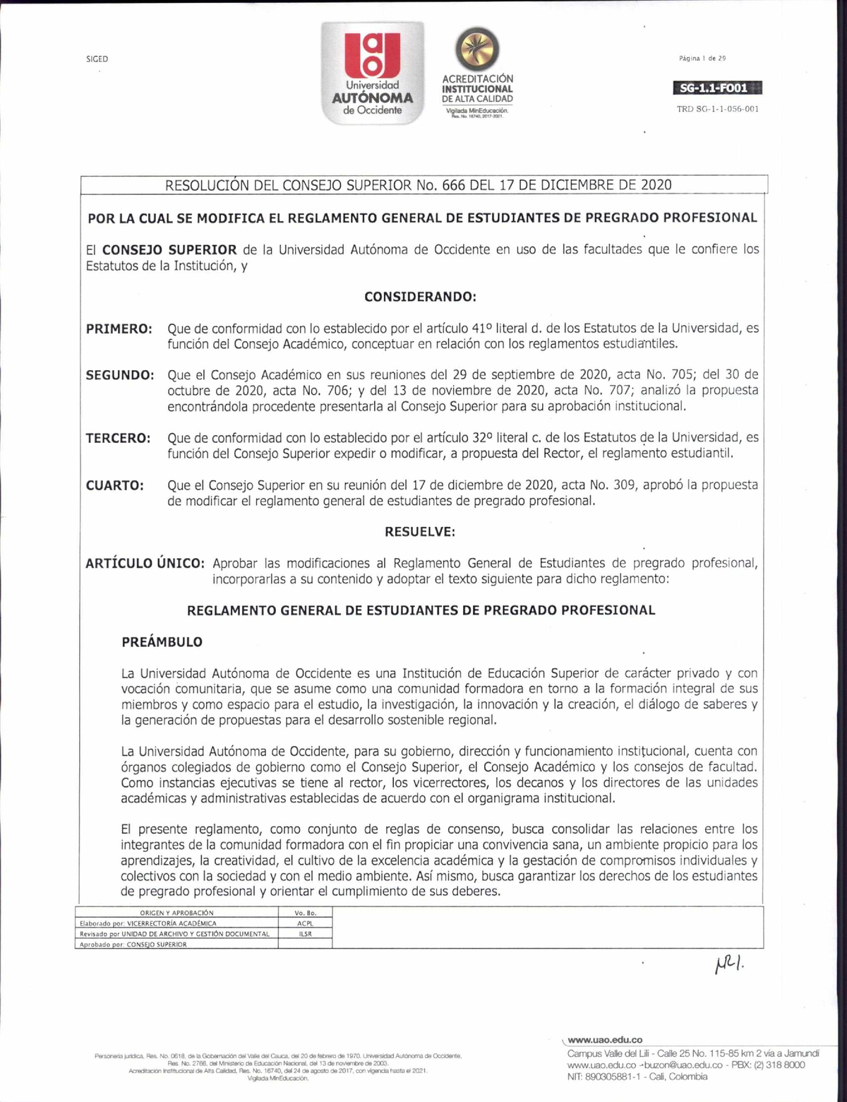 Resolución CS No. 666 Modifica Reglamento Académico De Pregrado - SICED ...