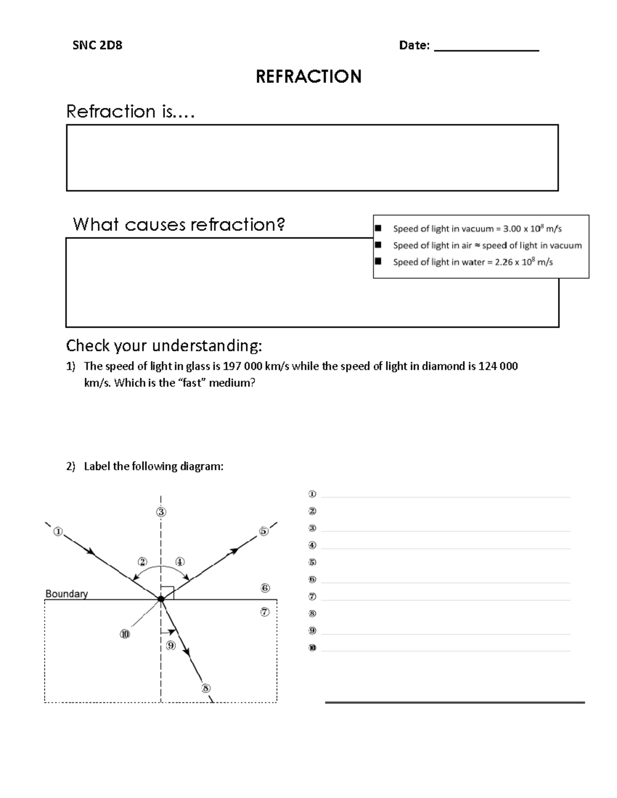 04 b) Refraction Part 1Handout - SNC 2D8 Date ...