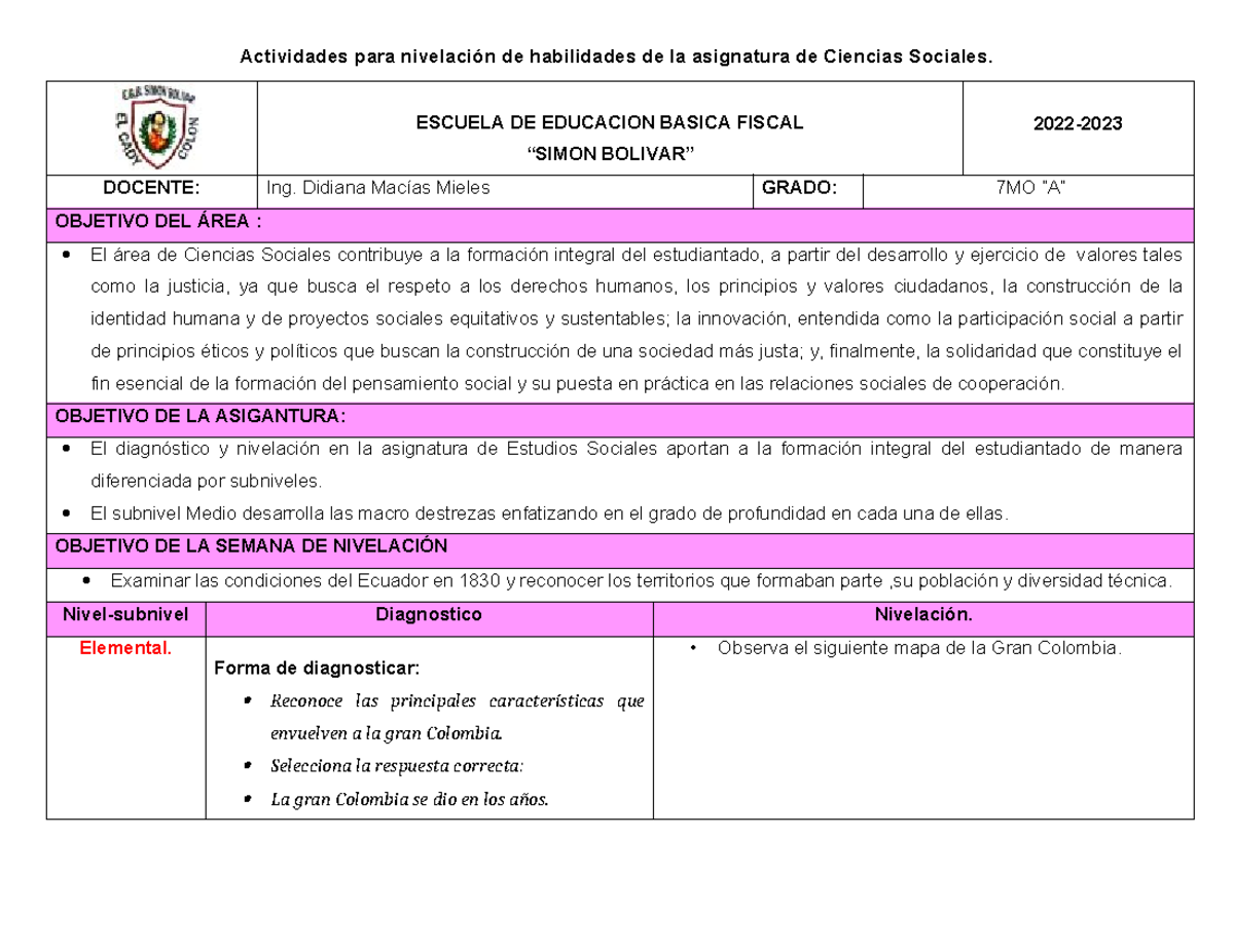 7MO CCSS - Nivelación - Informe de nivelacion - Actividades para