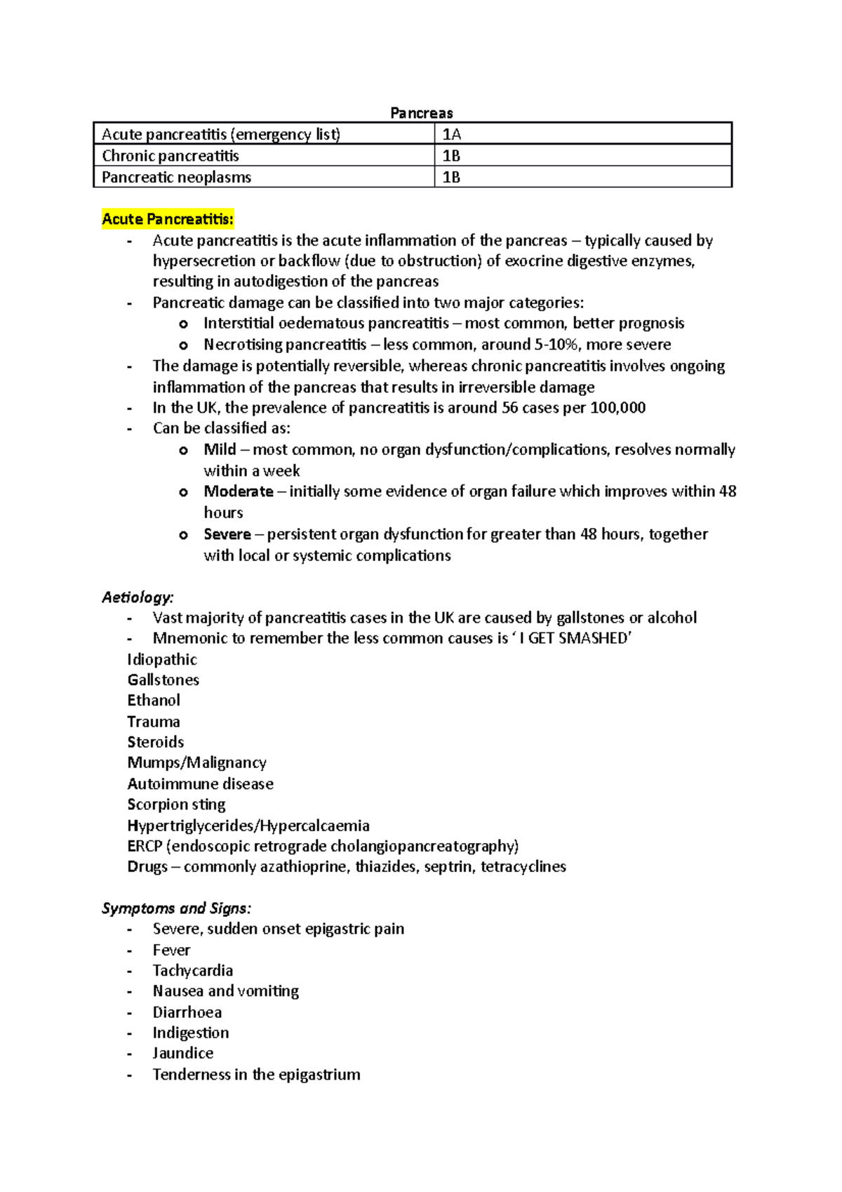 Pancreatitis - Aetiology, Signs and symptoms, diagnosis, management and ...