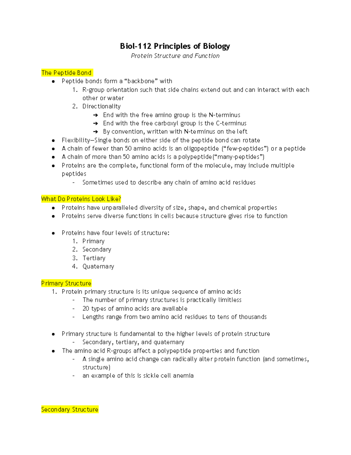 Biol-112 Principles Of Biology Protein Structure And Function - Biol ...