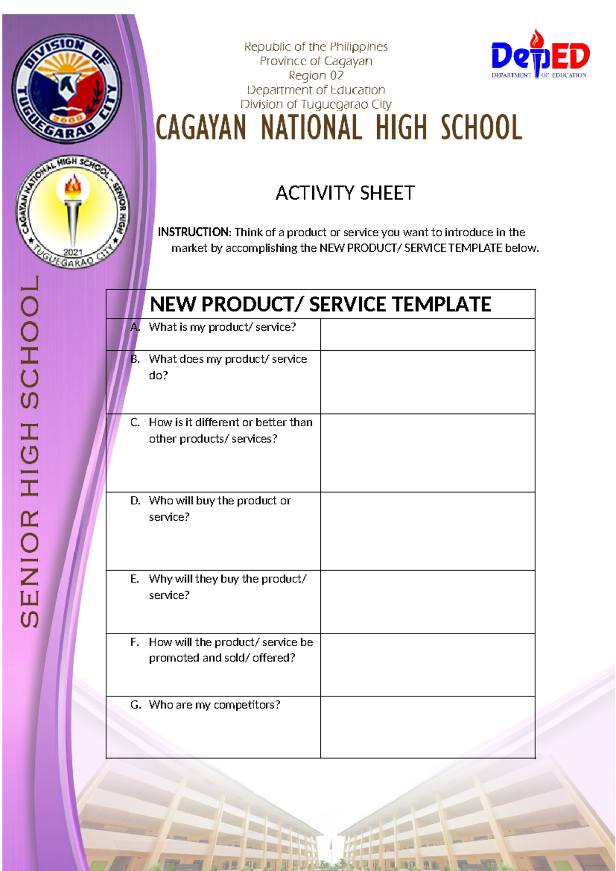 NEW- Product- Template - ACTIVITY SHEET INSTRUCTION: Think of a product ...