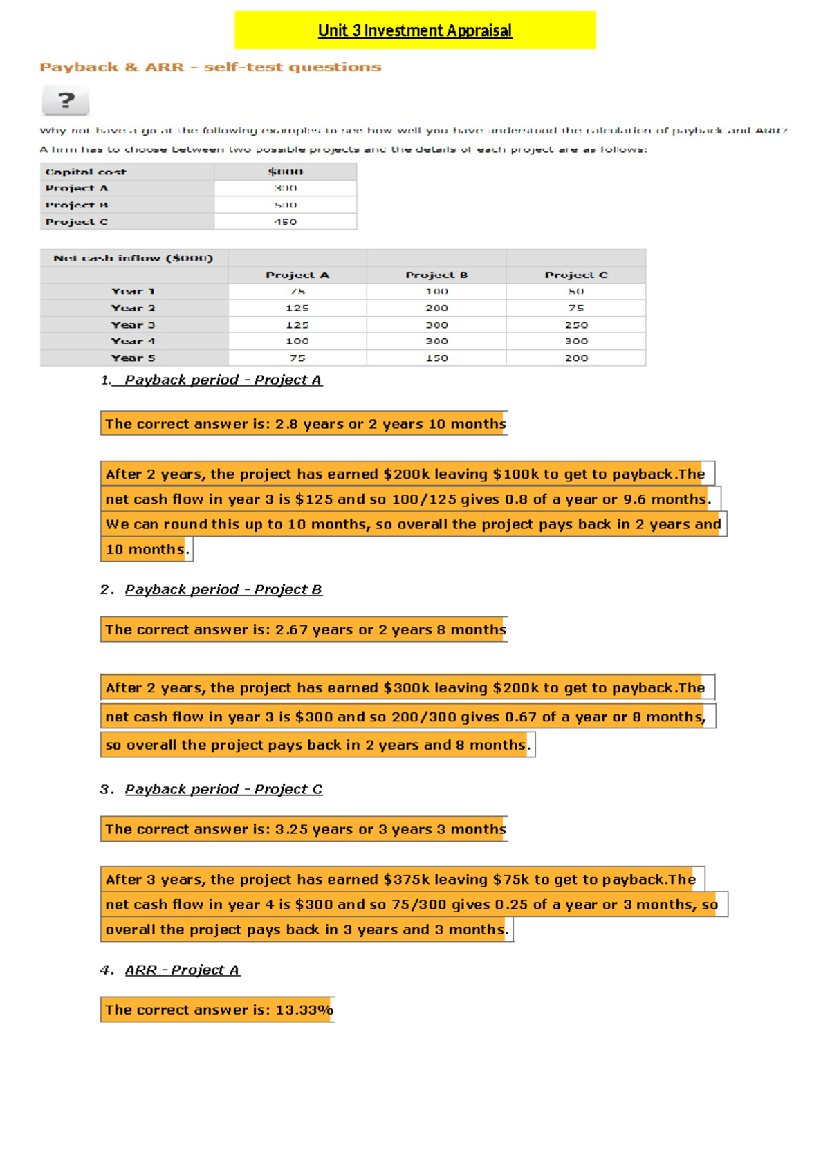 Payback and APR questions answer - 1. Payback period - Project A The ...