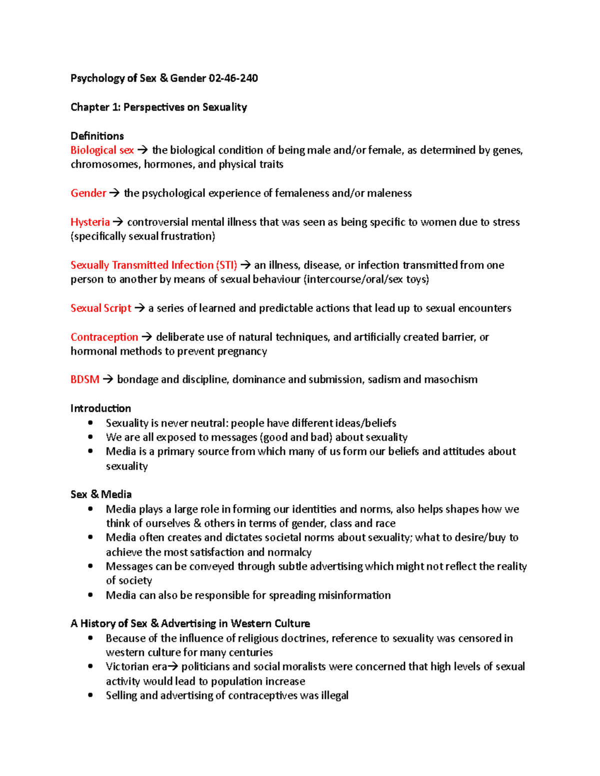 Chapter 1 Notes - Psychology of Sex & Gender 02-46-240 Chapter 1 ...