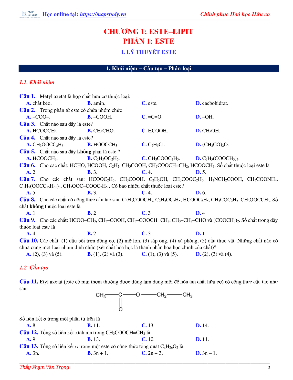 CHƯƠNG-1-PHẦN-1-ESTE-THẦY-PHẠM-VĂN-TRỌNG-ĐỀ - CHƯƠNG 1: ESTE–LIPIT PHẦN ...