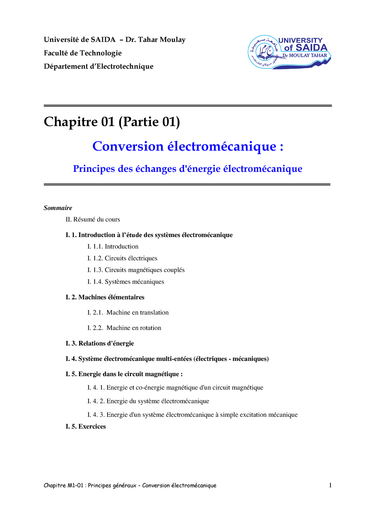 Principes Généraux - Conversion électromécanique - UniversitÈ De SAIDA ...