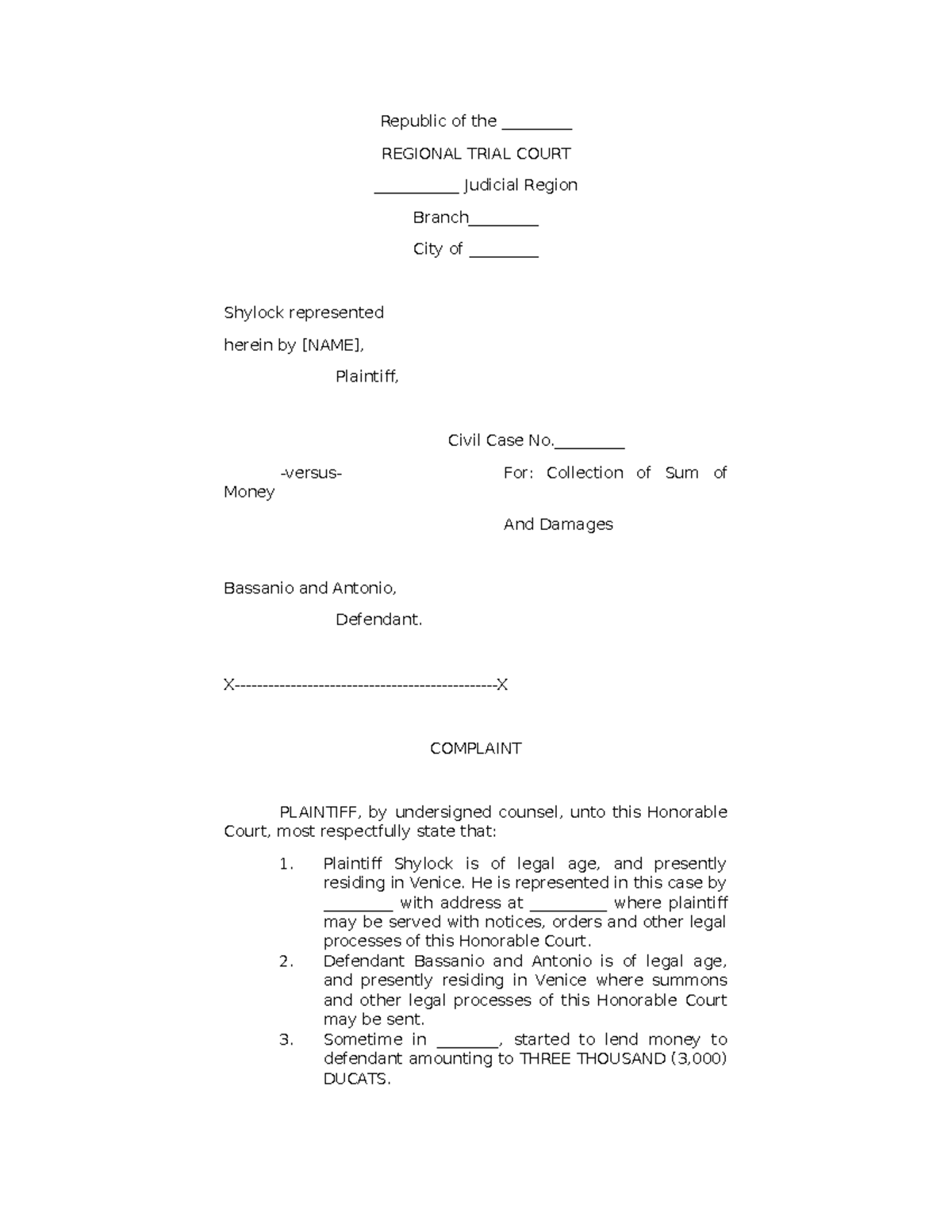 Complaint Sample - Republic of the _________ REGIONAL TRIAL COURT ...