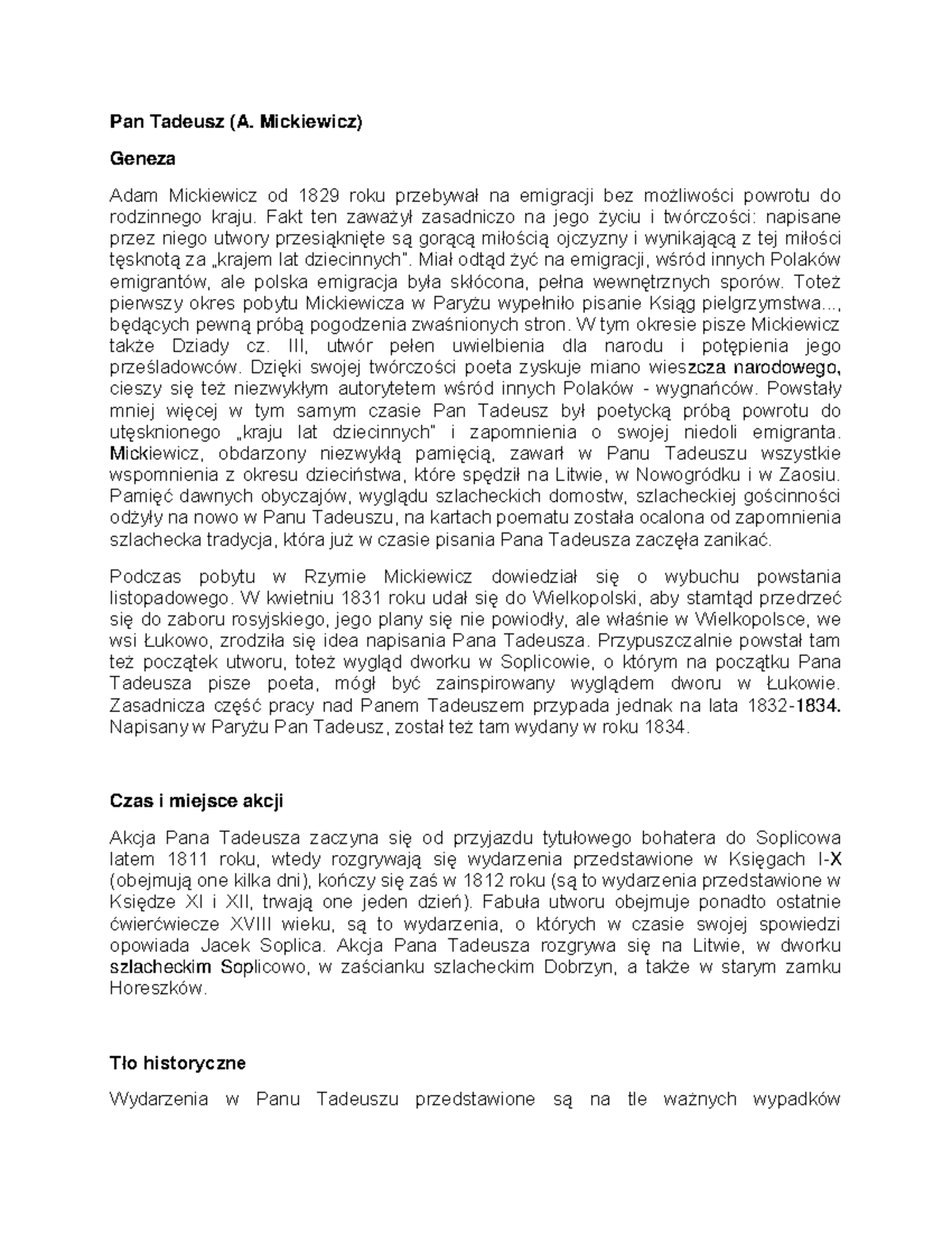 Opracowanie pana tadeusza 1 - Pan Tadeusz (A. Mickiewicz) Geneza Adam