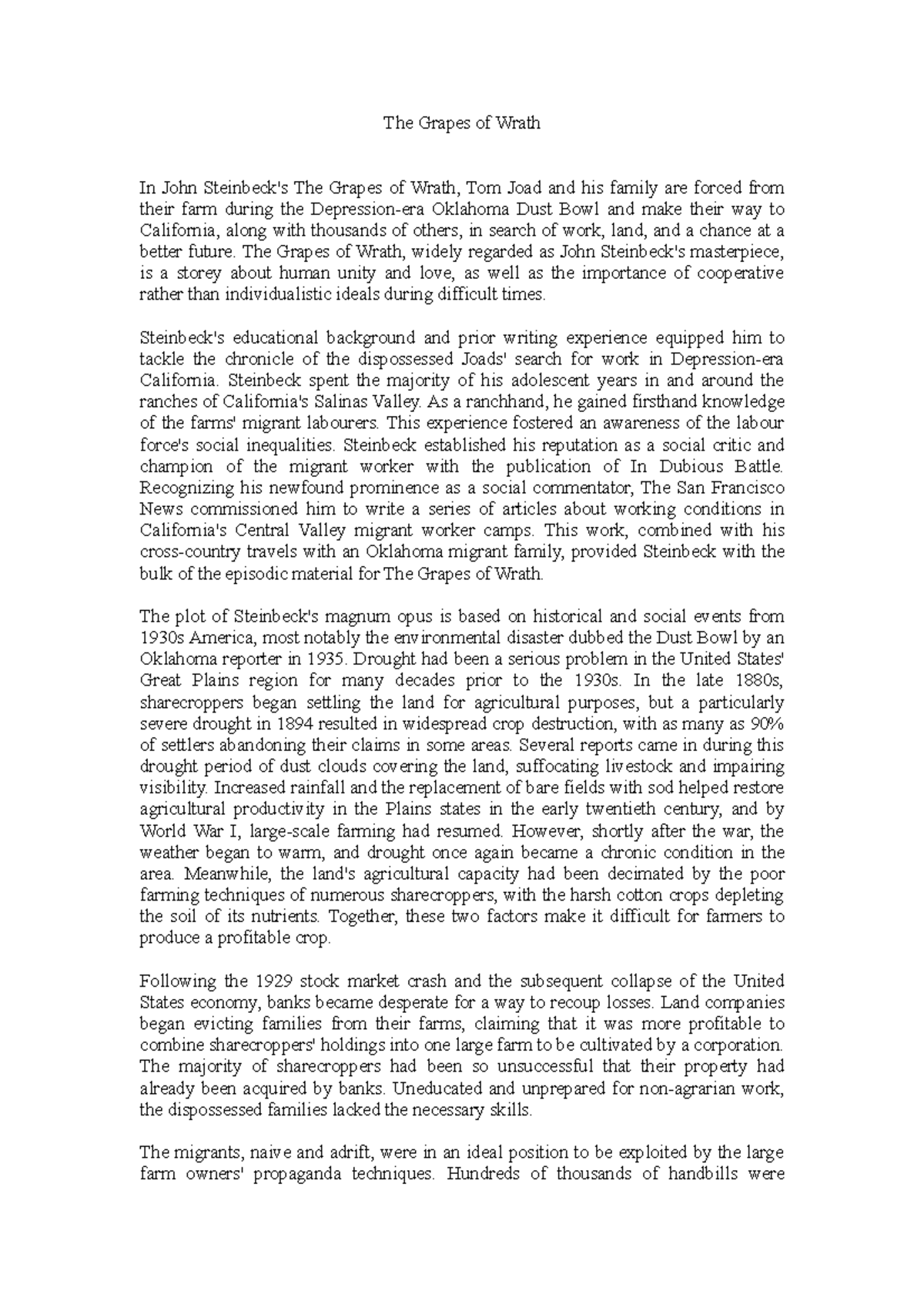 The Grapes of Wrath Lecture notes 9 The Grapes of Wrath In John