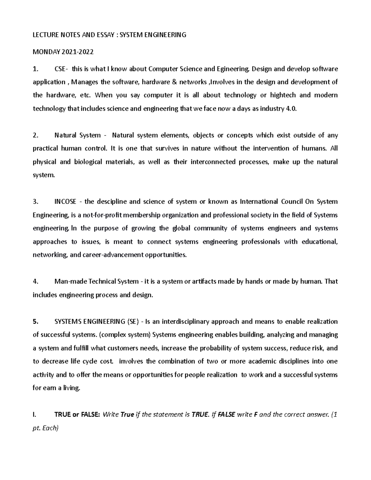 Lecture Notes AND Essay IN System Engineering - LECTURE NOTES AND ESSAY ...