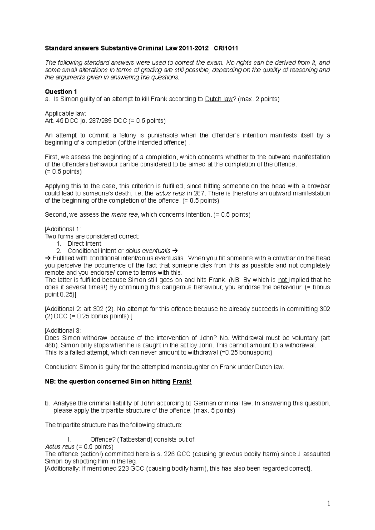 Exam 2012 Questions And Answers Standard Answers Substantive Criminal Law 2011 2012 Cri The Studeersnel