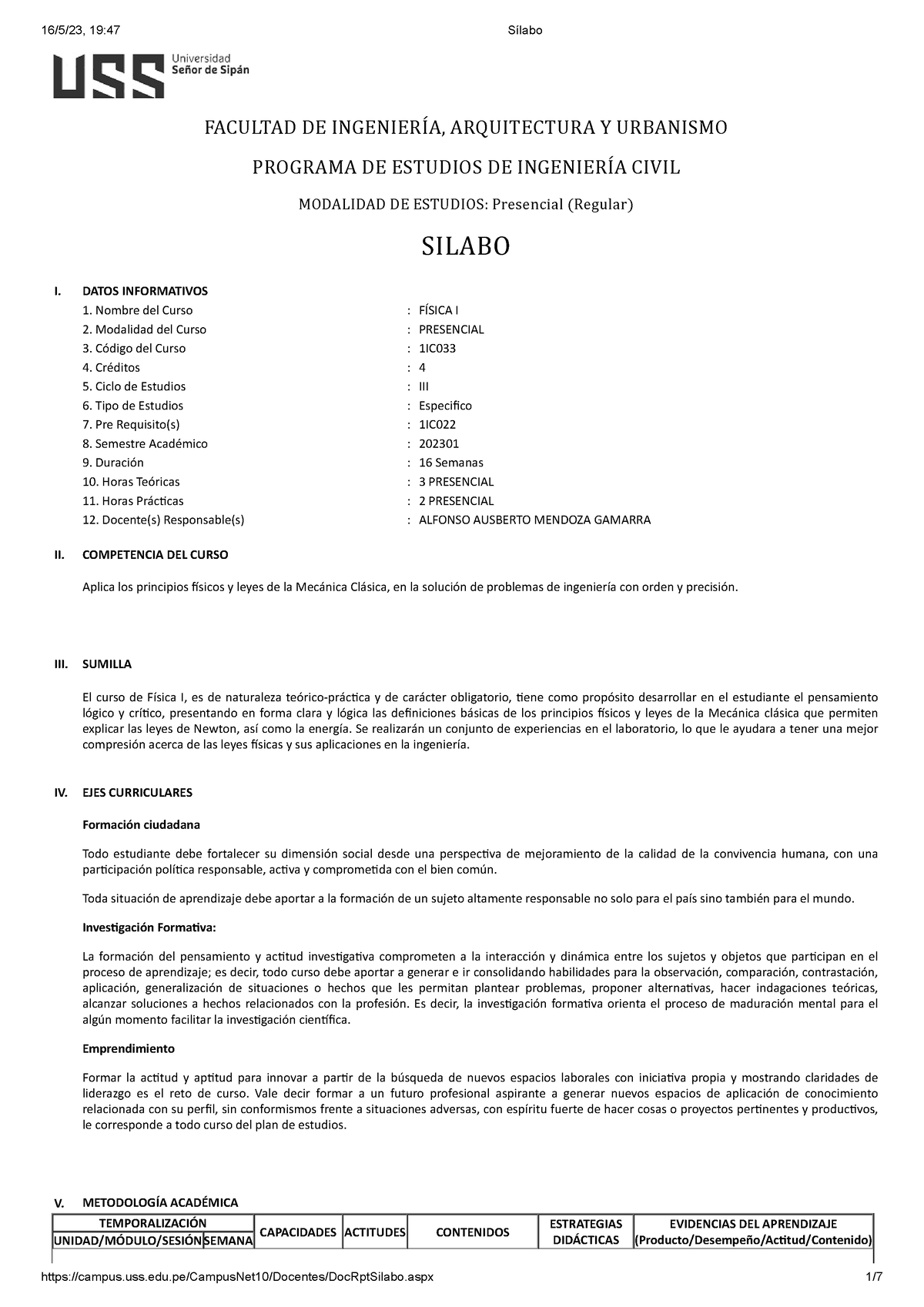 Silabo DE Fisica I - Sílabos De Física I Y Estática - FACULTAD DE ...