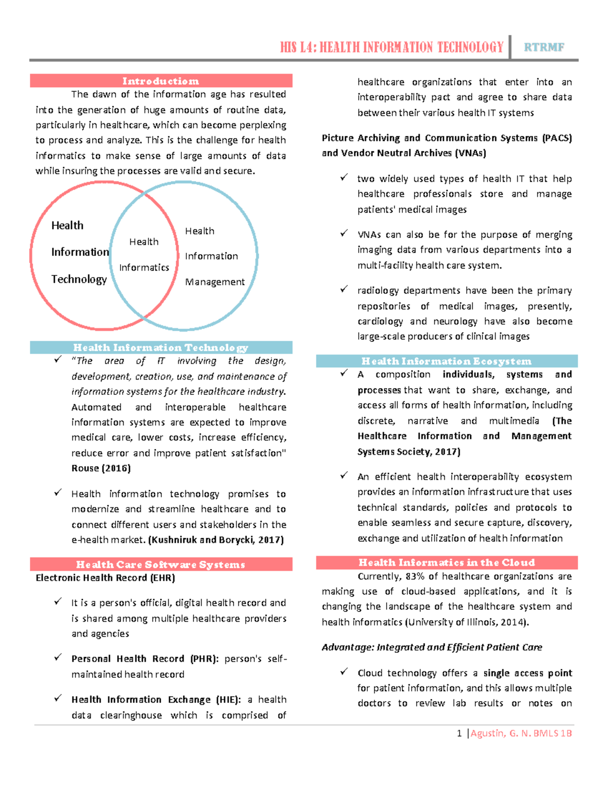 HIS L4 - notes on HIS - HIS L4: HEALTH INFORMATION TECHNOLOGY RTRMF 1 ...