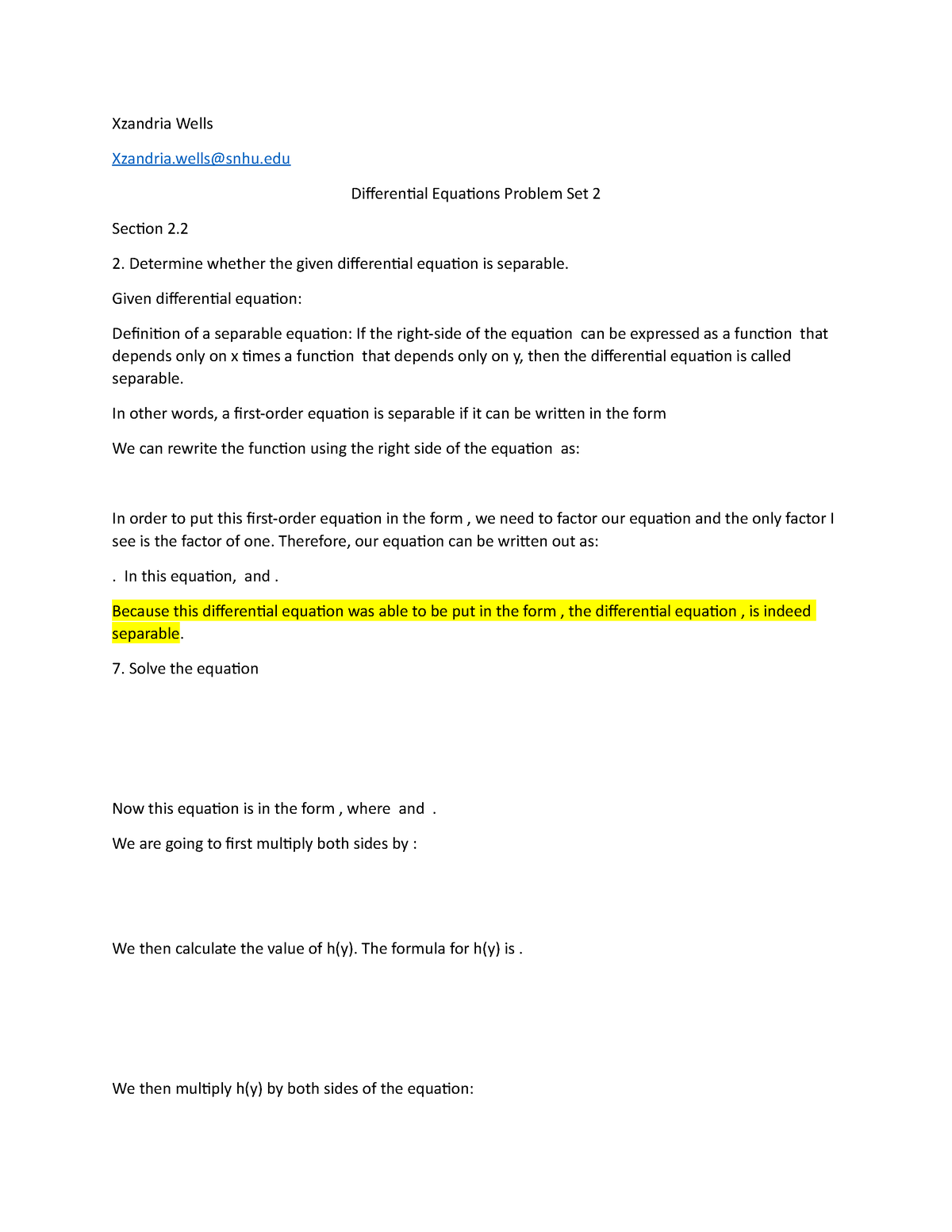 Differential Equations Problem Set 2 - Xzandria Wells Xzandria@snhu ...