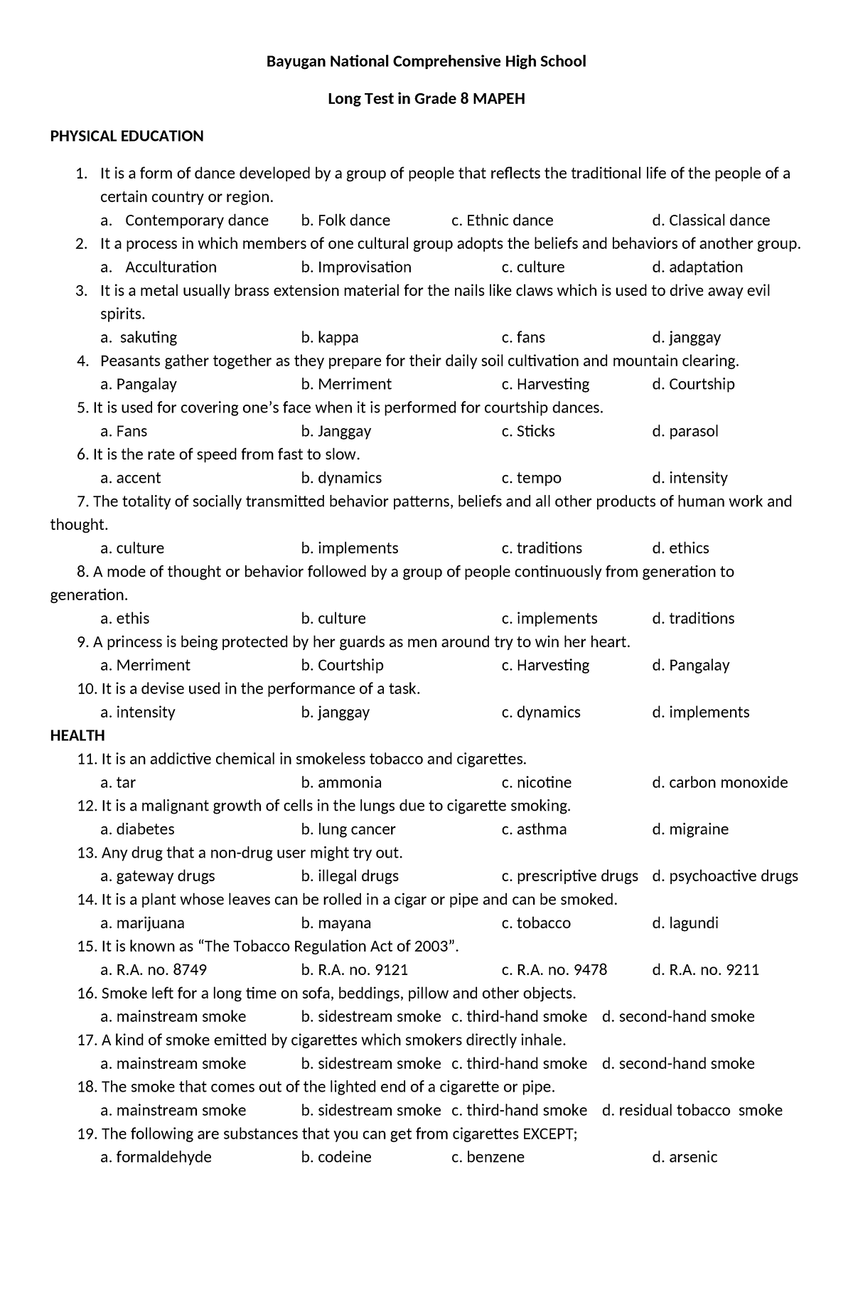 4th grading - EXAM - Bayugan National Comprehensive High School Long ...