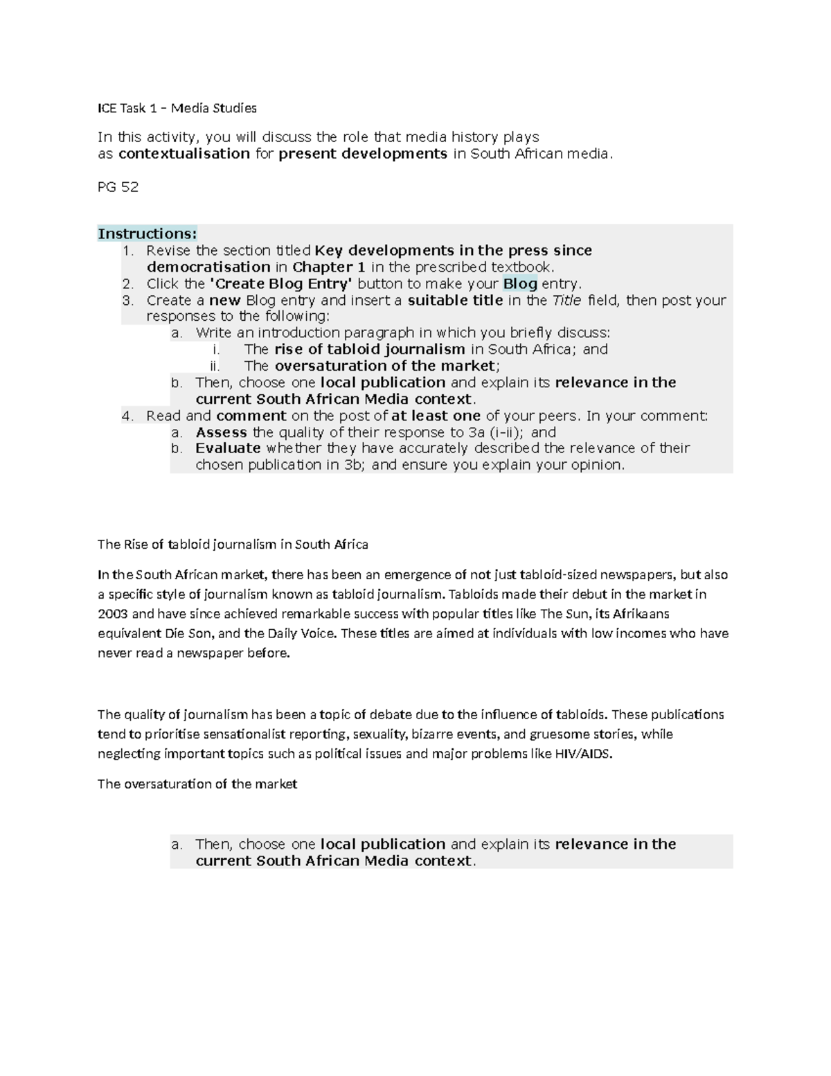 ICE Task 1 - ST10086643 - ICE Task 1 – Media Studies In this activity ...
