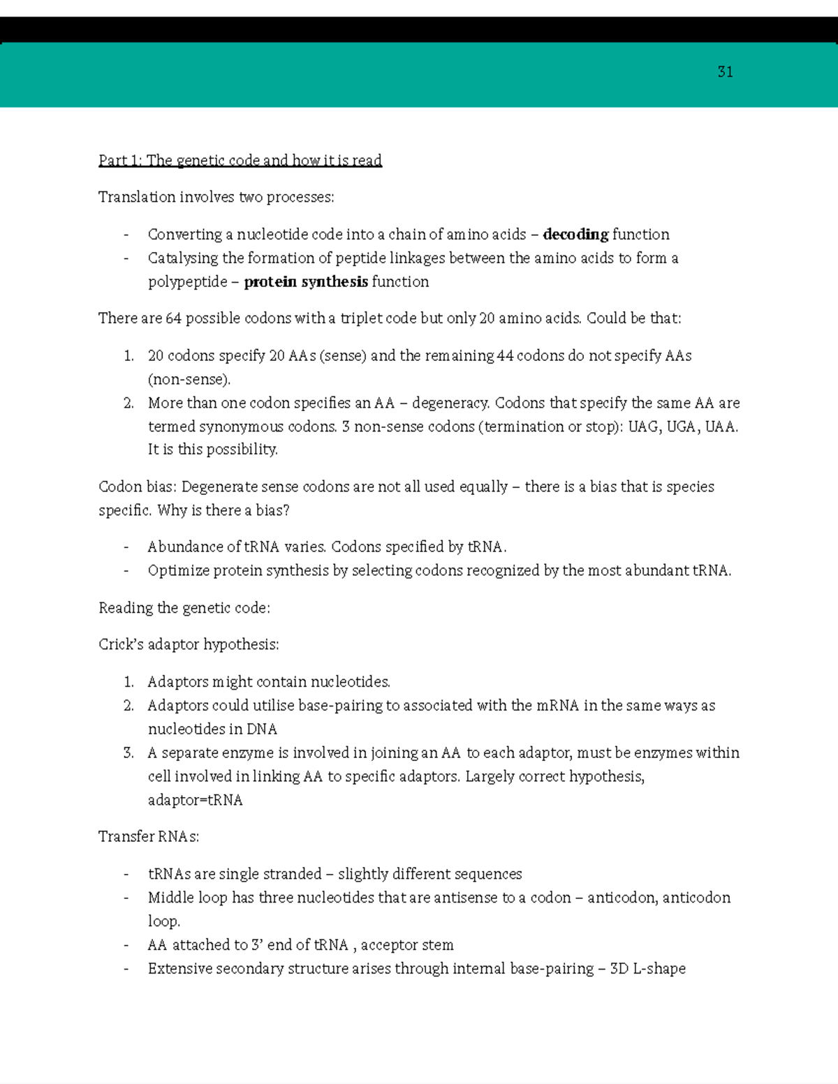 Translation- Lecture Notes - Part 1: The genetic code and how it is ...