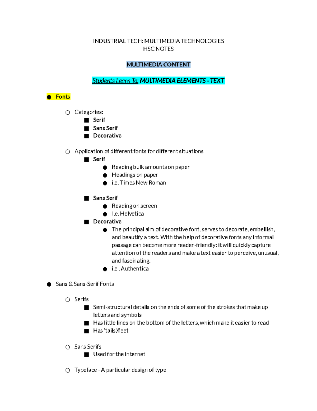 HSC Multimedia Notes INDUSTRIAL TECH MULTIMEDIA TECHNOLOGIES HSC