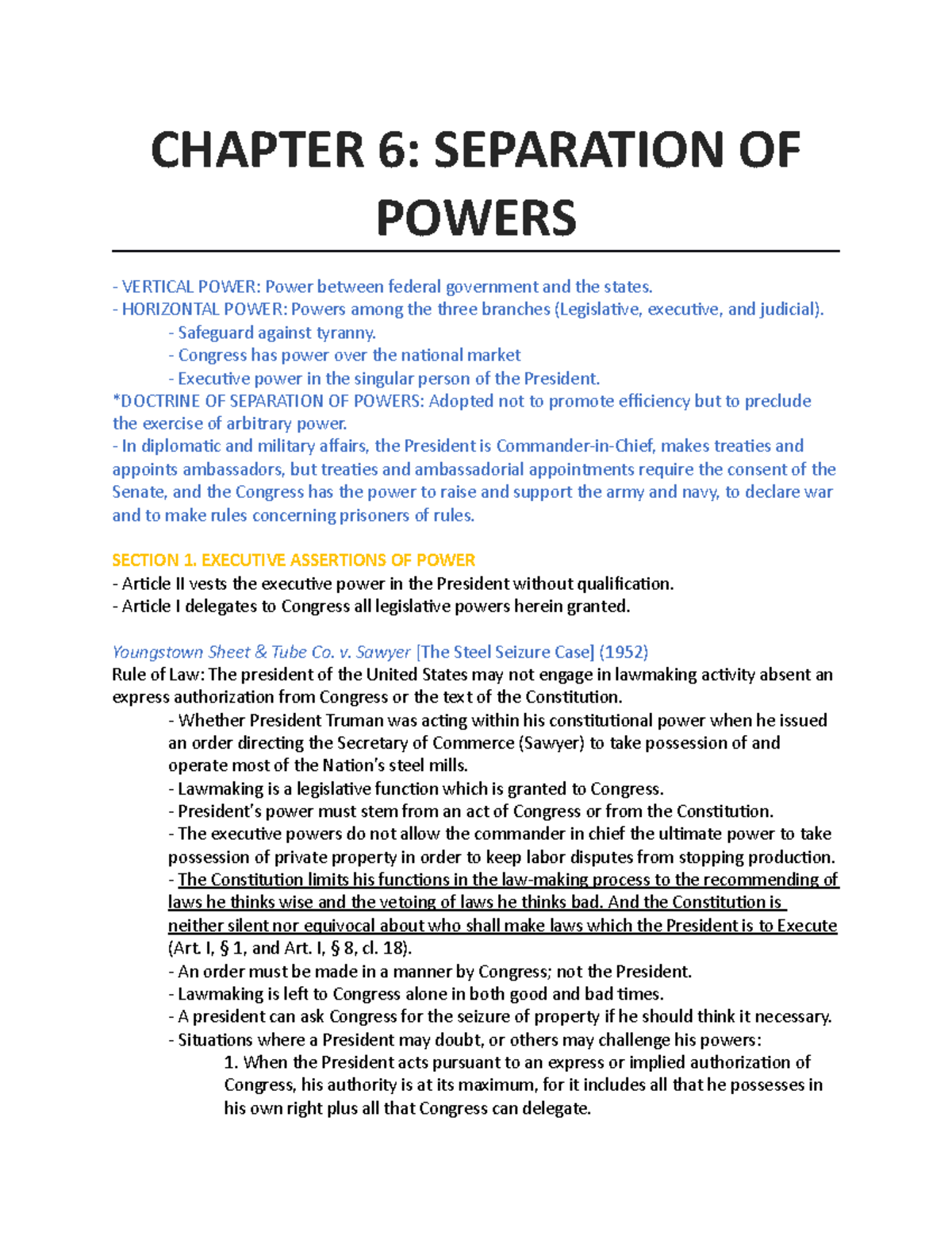 Chapter 6 - con law - CHAPTER 6: SEPARATION OF POWERS VERTICAL POWER ...