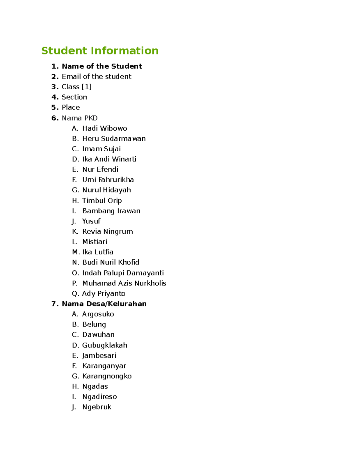 Sample Document for Form Builder Plus - Student Information Name of the ...
