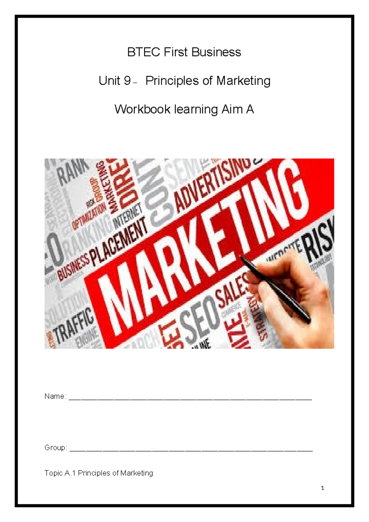 UNIT 9 Marketing workbook 1 blank 2 - BTEC First Business Unit 9 ...