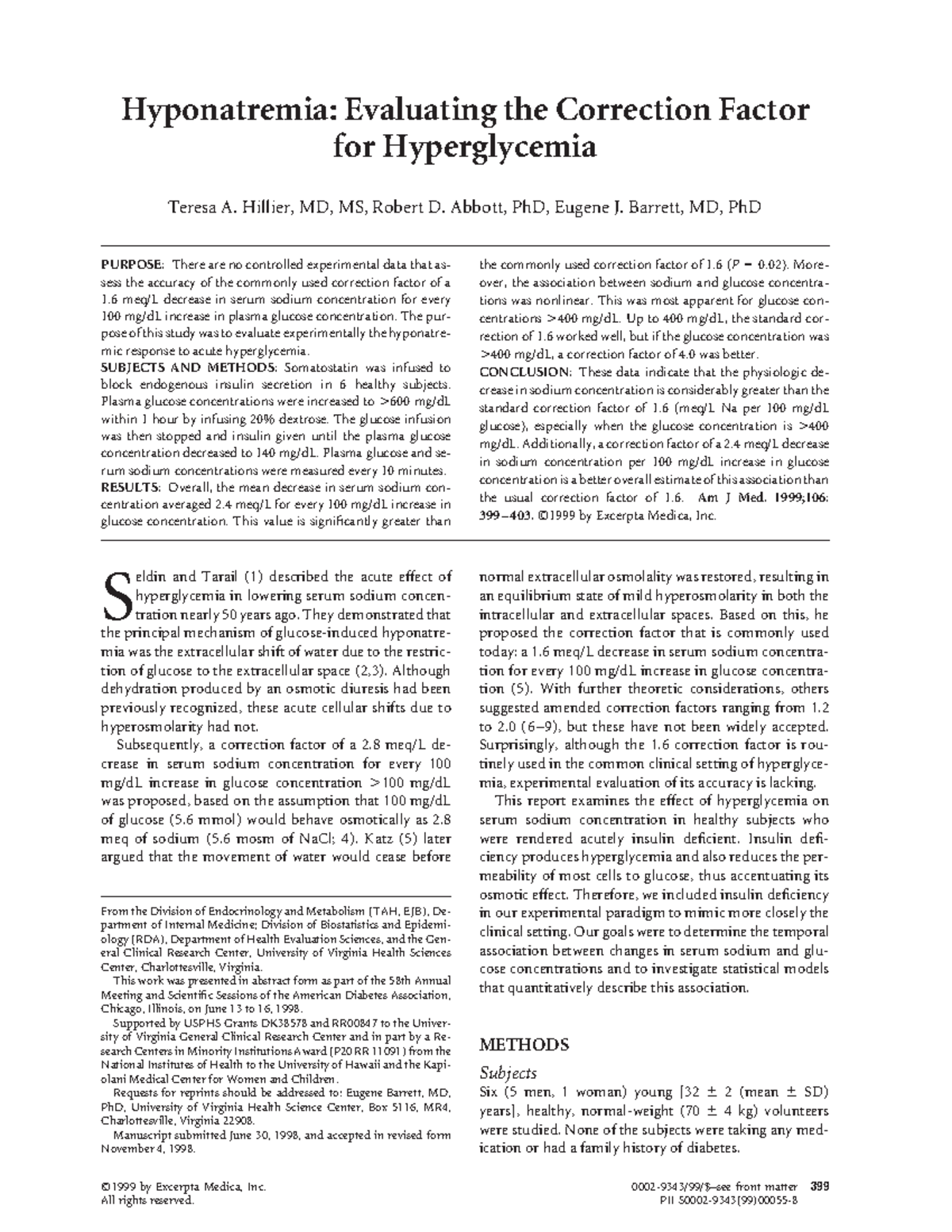 Hillier 1999 Apuntes 14 Hyponatremia Evaluating the Correction
