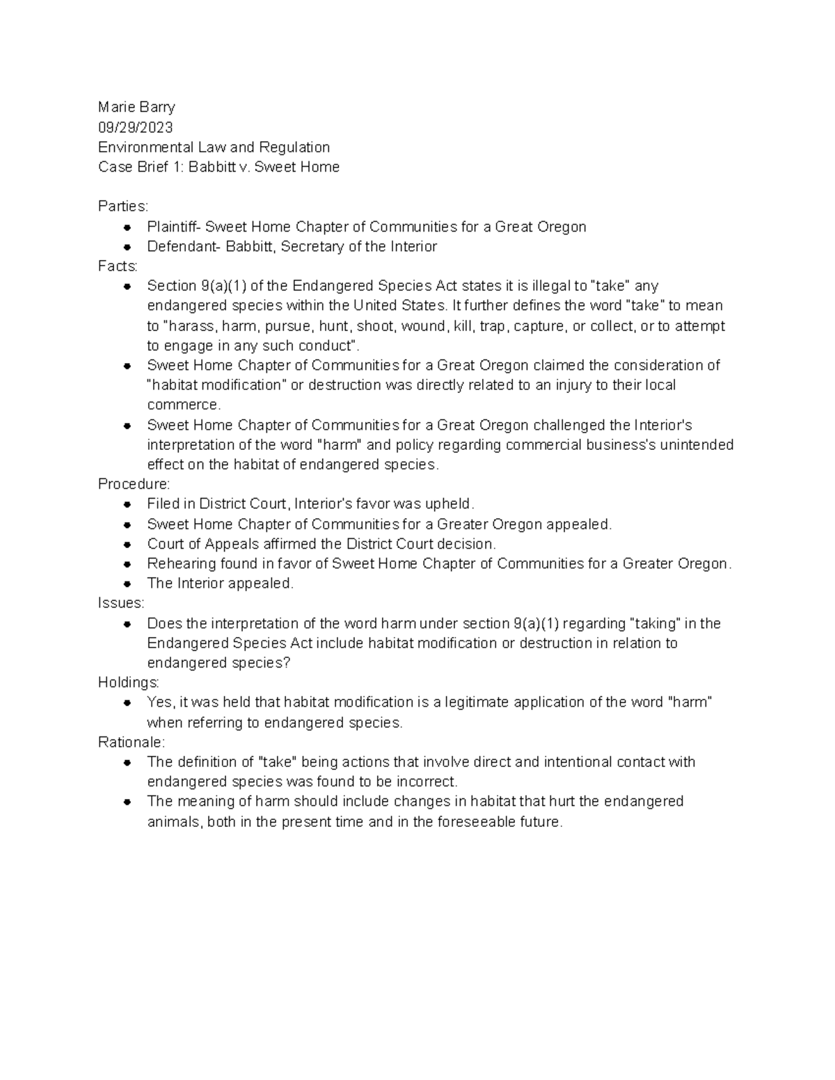 Babbitt v. Sweet Home2 Marie Barry 09/29/ Environmental Law and