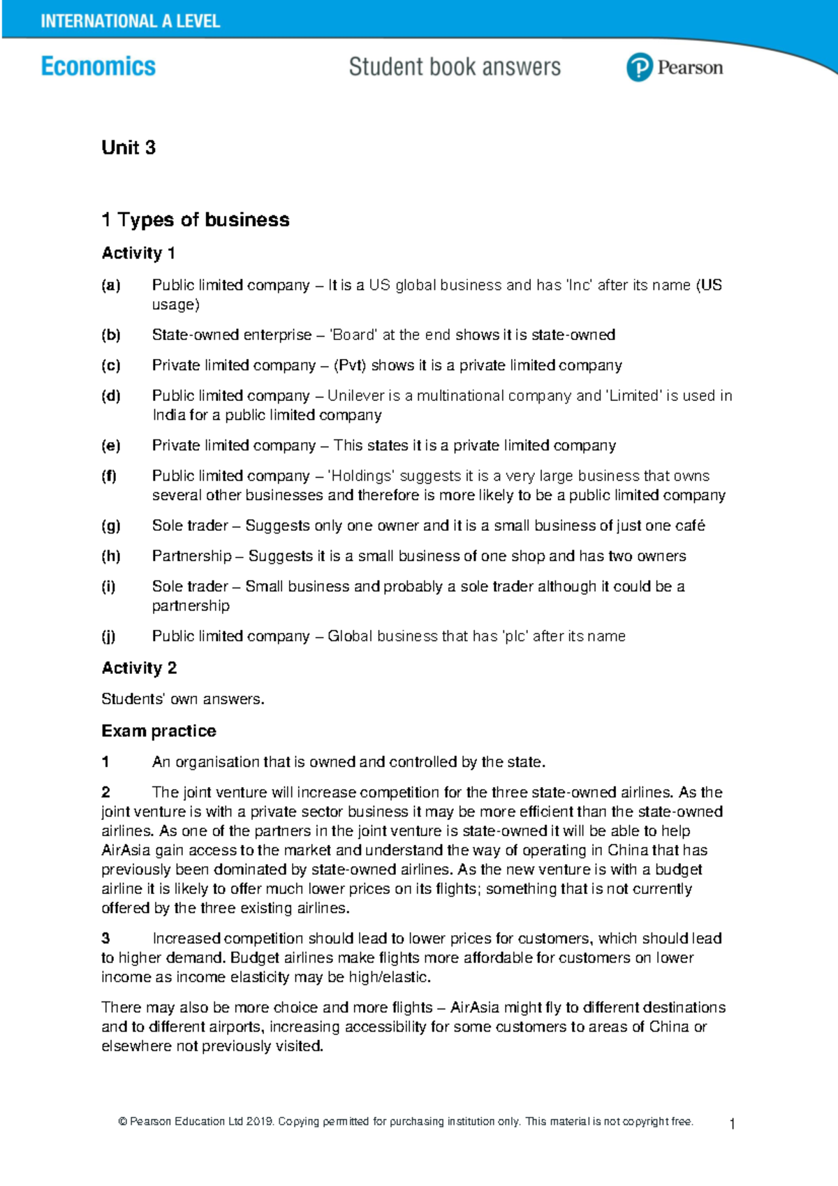 Eco,Unit 3,Answer This was the answer © Pearson Education Ltd 2019. Copying permitted for