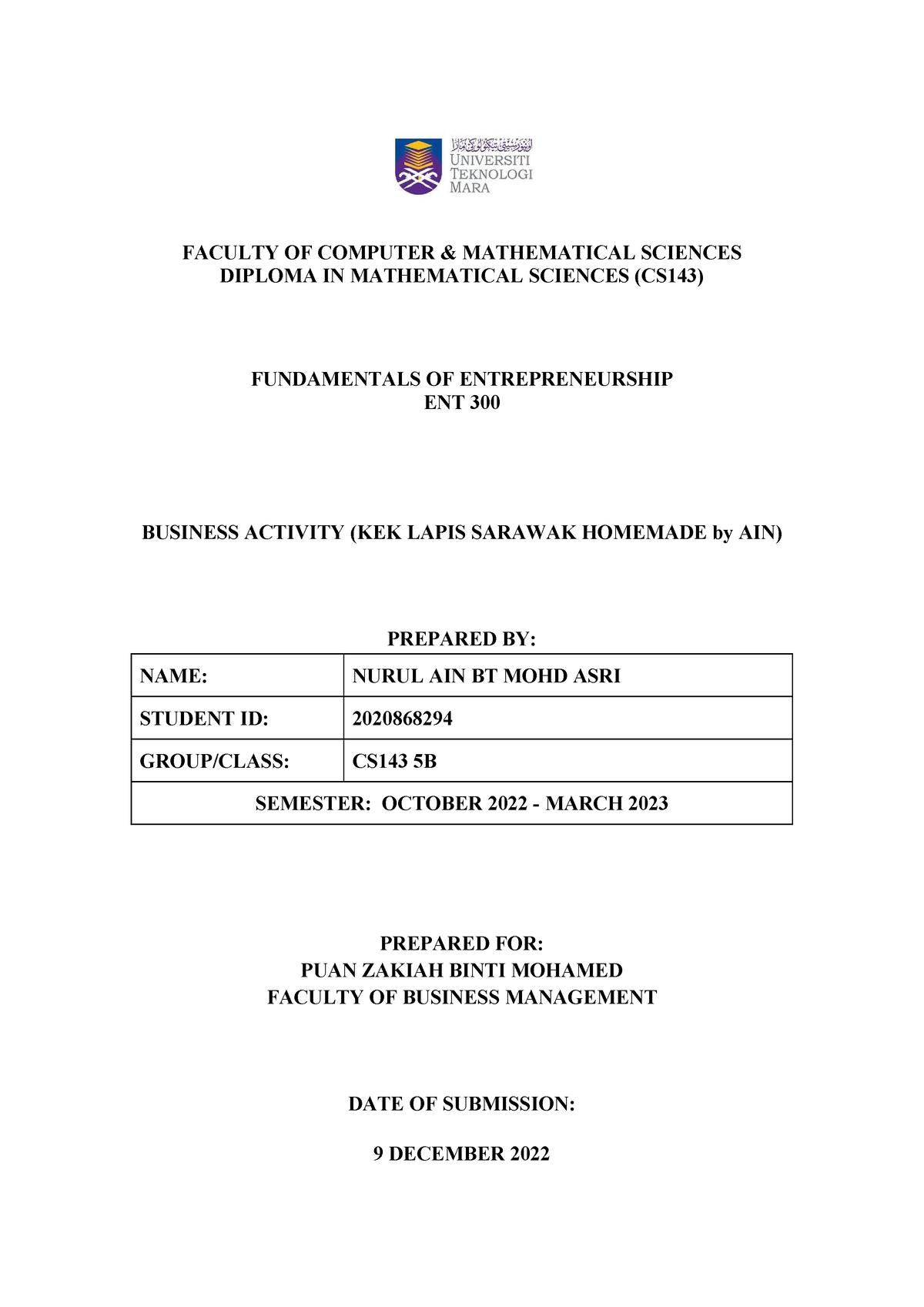 ent300 individual assignment business activity